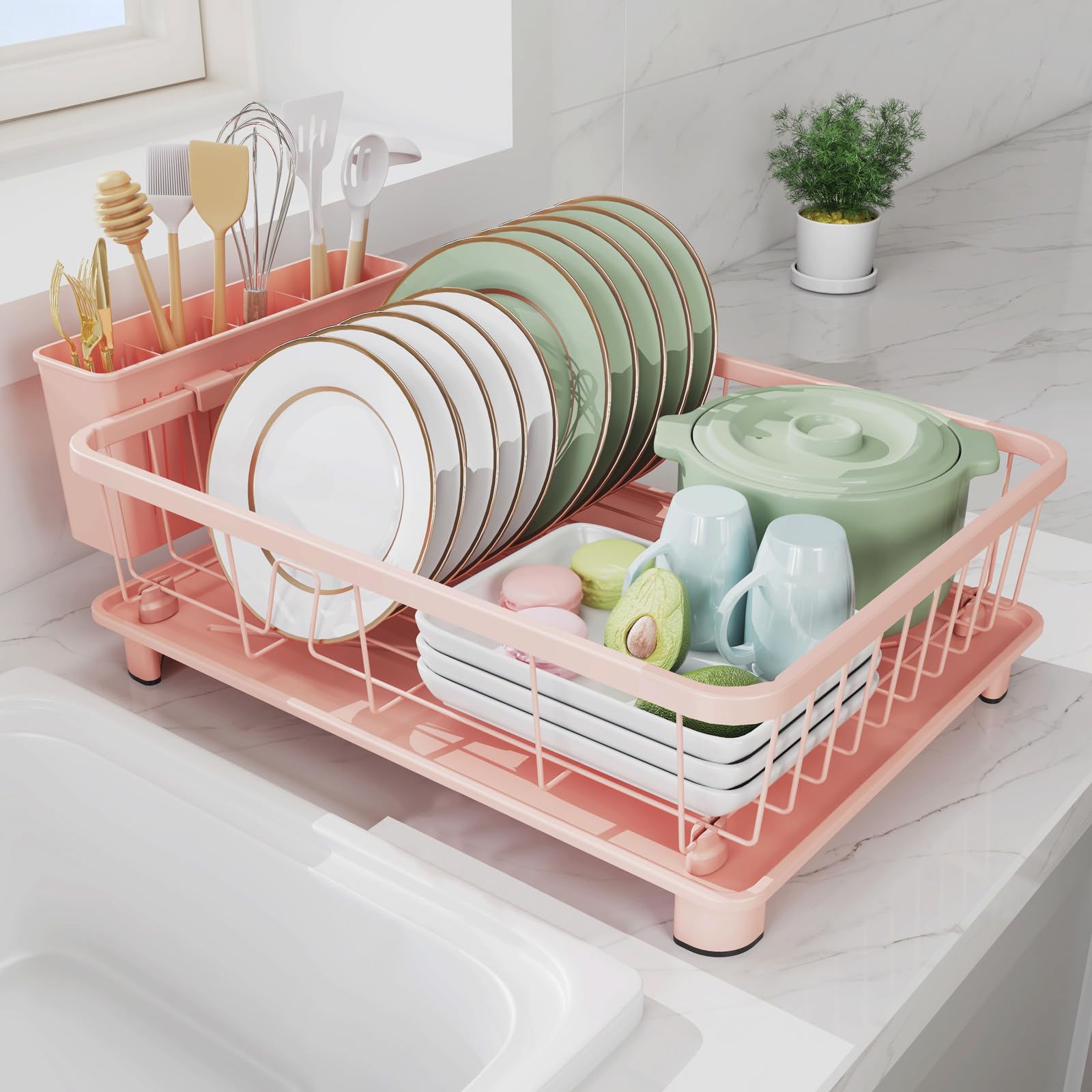 Hiviweer Pink Dish Drying Rack - Space-Saving Dish Rack,Dish Racks for Kitchen Counter with Drainboard, Birthday Christmas Day Mothers Day Thanksgiving Gifts for Mom Grandma Wife Kitchen Enthusiasts - Pink