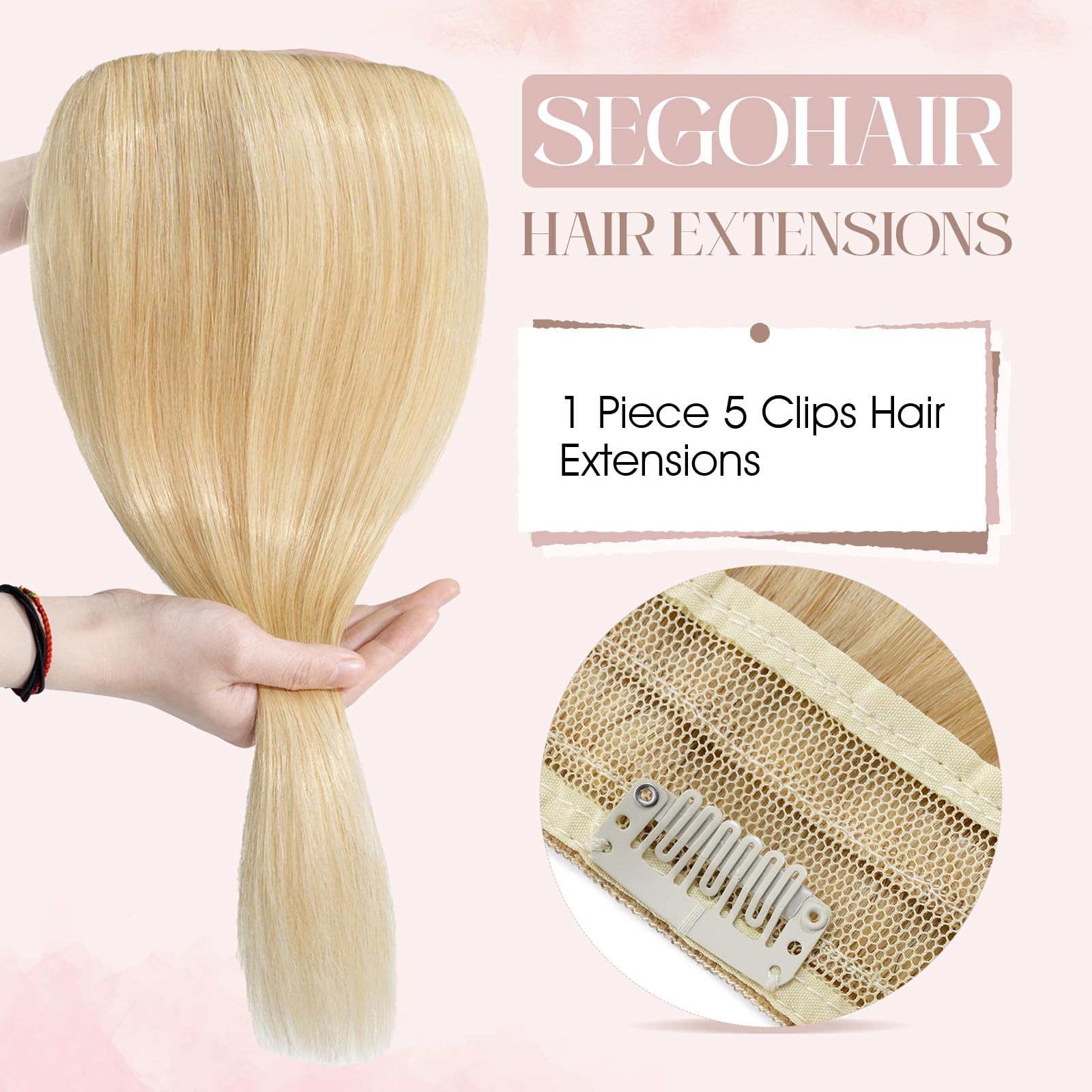 SEGOHAIR Clip in Hair Extensions Real Human Hair, 18" Hair Extensions Clip in One Piece 5 Clips Remy Seamless (50g) Golden Blonde - Image 2