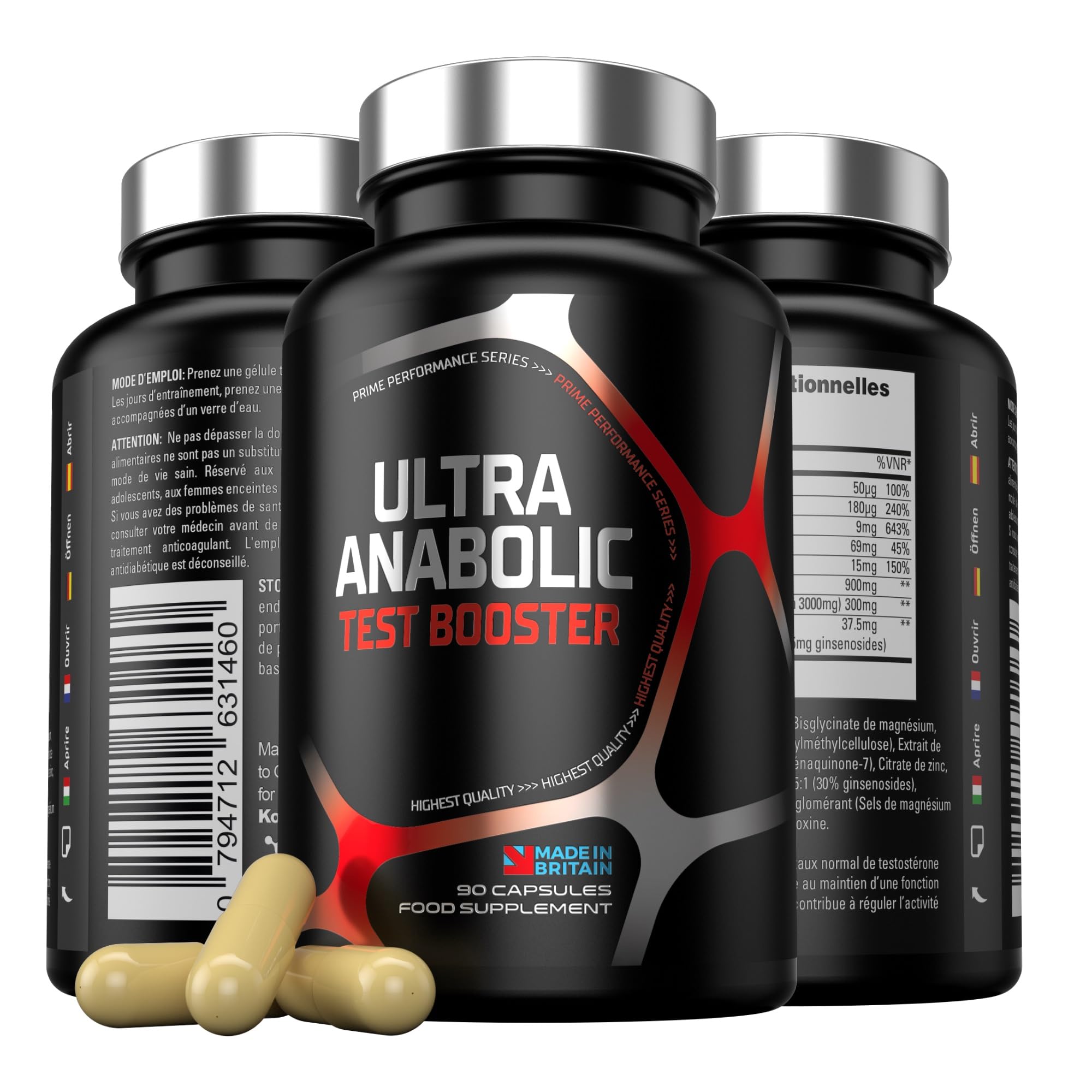 Booster de Testostérone pour Homme – ULTRA ANABOLIC, Formule Renforcée pour la Testostérone, la Musculation, l’Énergie & la Libido – Complément Végan au Magnésium et Zinc, 90 Gélules