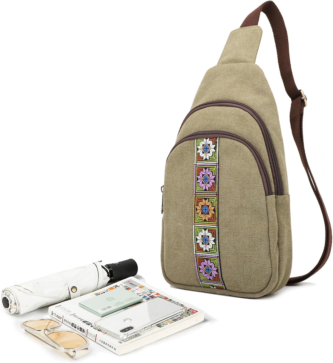 SILKAREA Embroidered Canvas Small Crossbody bags Sling Backpack Purse for Women Travel Chest Bag Crossbody Backpack Shoulder Bag