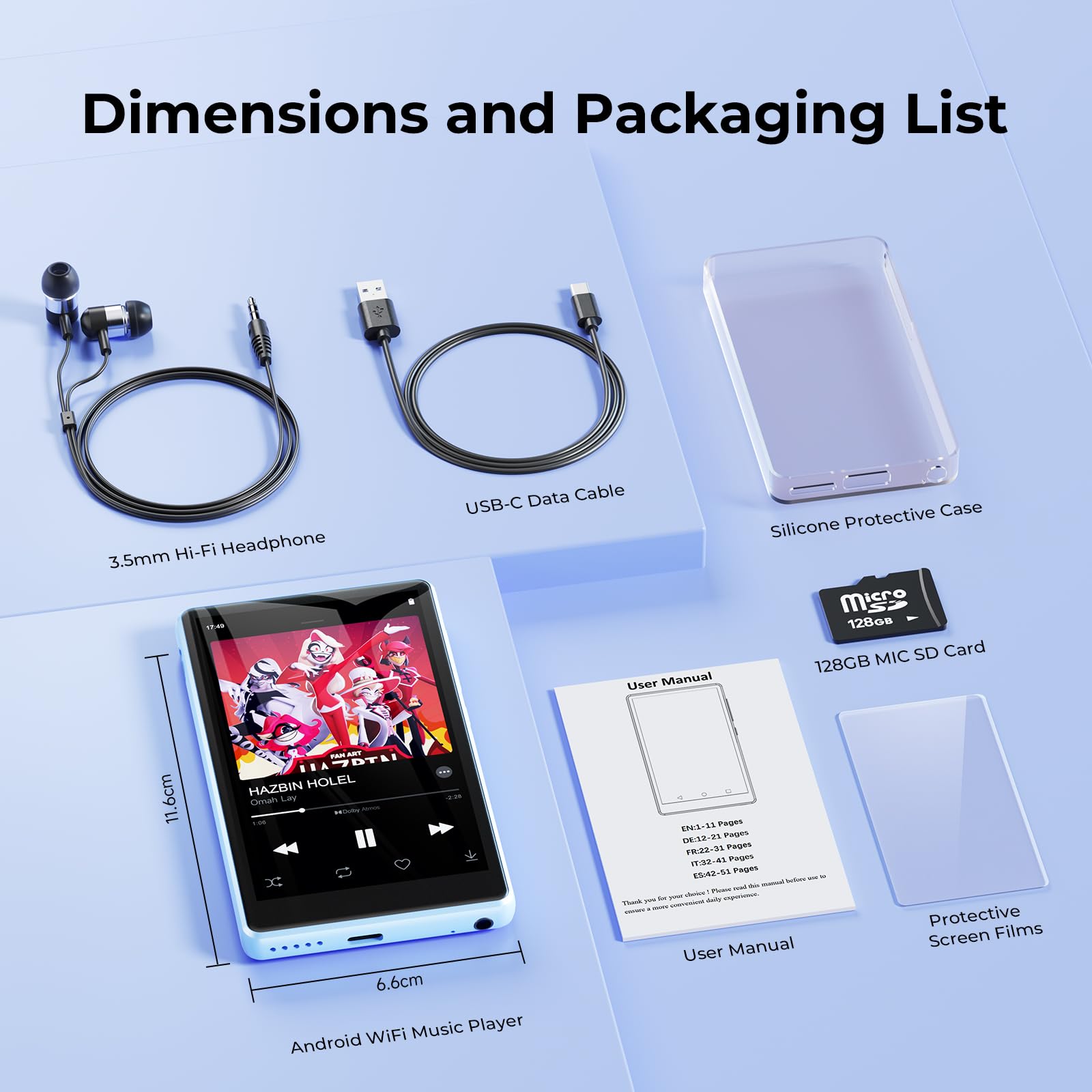 160 GB MP3 Player Spotify mit Bluetooth und WiFi, 4.5 Zoll-Touchscreen, MP4 Player Android,Kinder HiFi Digital Music Player mit Lautsprecher,MP3-Player mit Google Play Pandora, Audible, Amazon Music