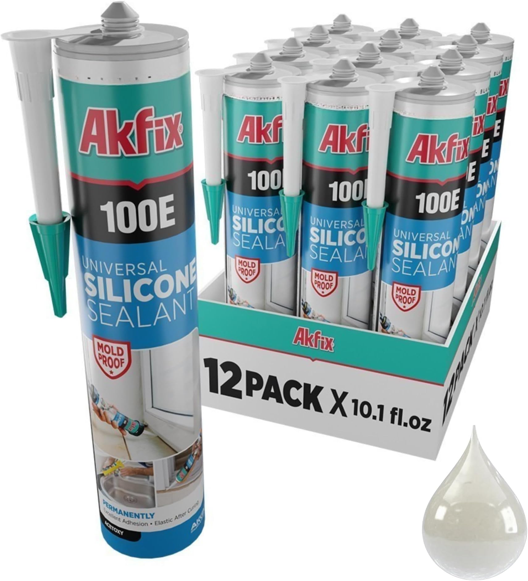 Akfix 100E RTV Clear Silicone Caulk (12x10.1 fl.oz.) - 100% Silicone Sealant Waterproof for Kitchen and Bathroom, Shower, Window and Door | Clear, 12 Pack