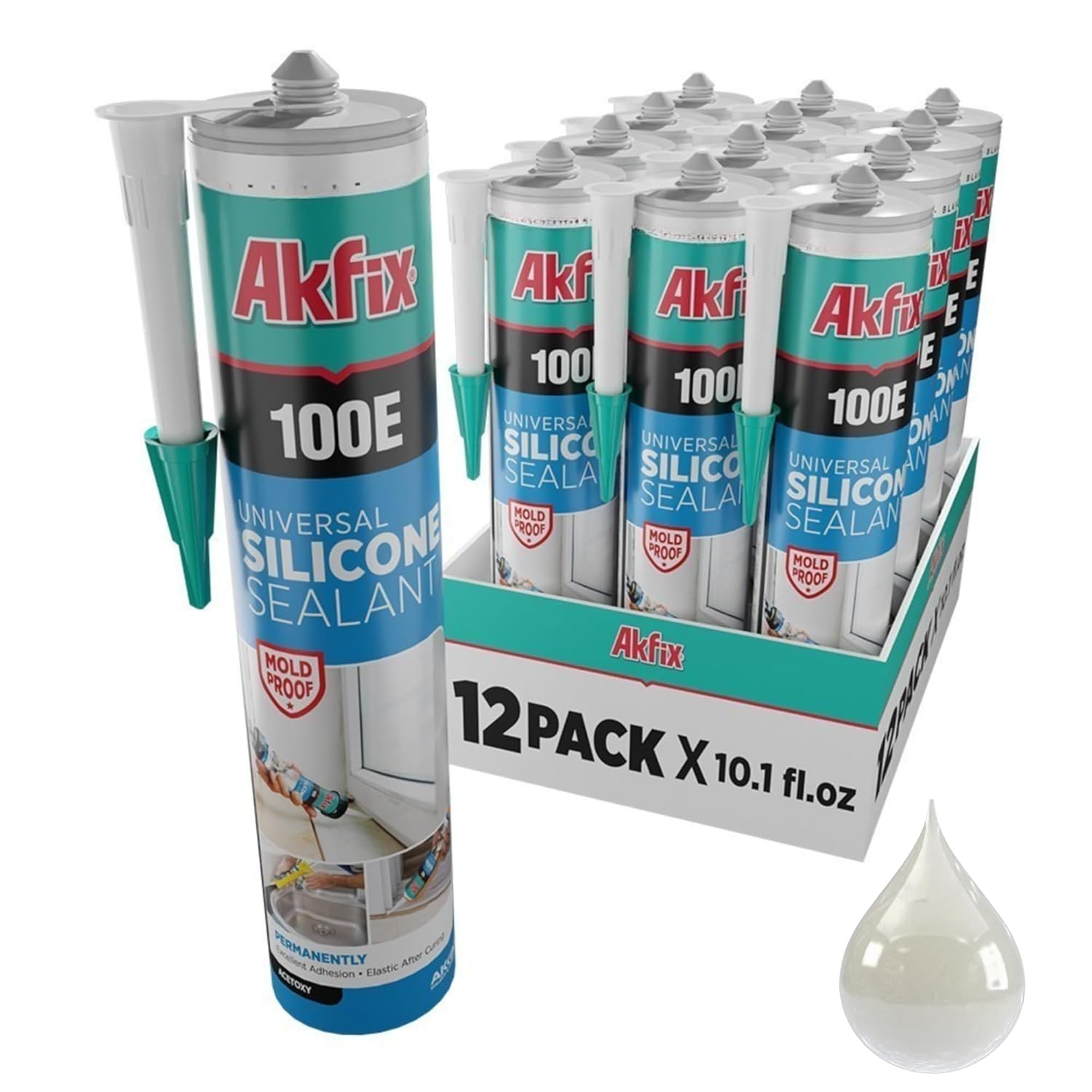 Akfix 100E RTV Silicone Caulk Clear (12x10.1 fl.oz.)- 100% Silicone Sealant Waterproof for Kitchen and Bathroom, Shower, Window and Door | Clear, 12 Pack
