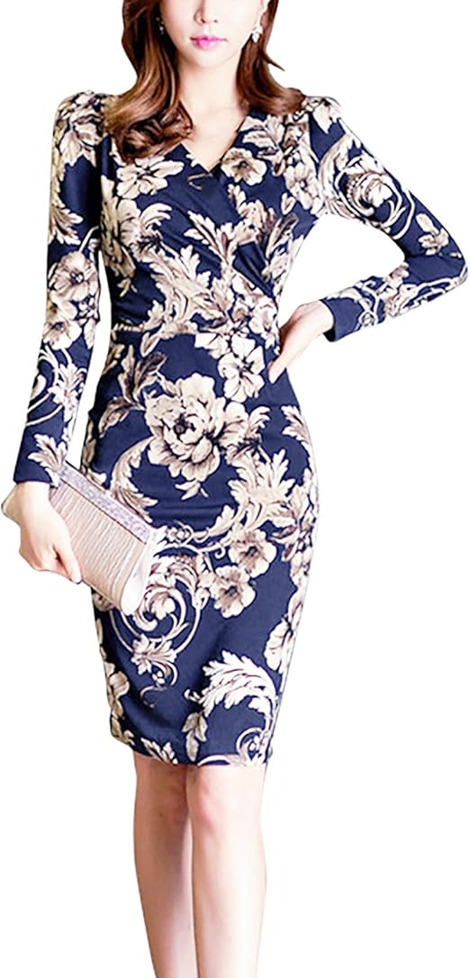 Amazon Co Jp ピオニーポップ Vネック 長袖 カシュクール 花柄 ひざ丈 プリント タイト ミニ ワンピース ドレス レディース 服 ファッション小物