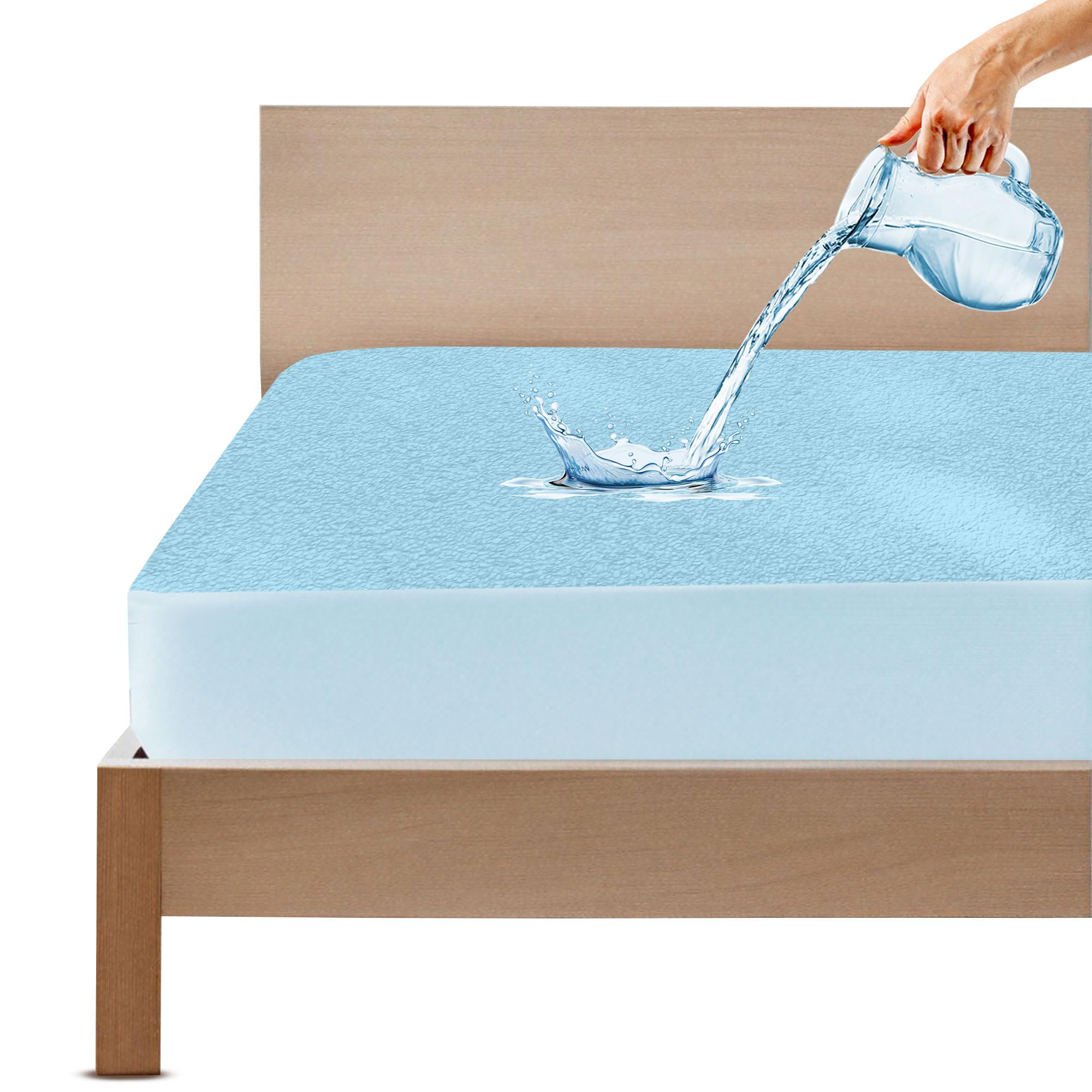 GADDA CO Cotton Feel Terry Ultra Soft 100% Waterproof Mattress Protector Double Bed, Breathable & Hypoallergenic Mattress Cover, Elastic Skirting Twin/Double Bed Cover - 75x48 inch (6.25x4 ft), Blue