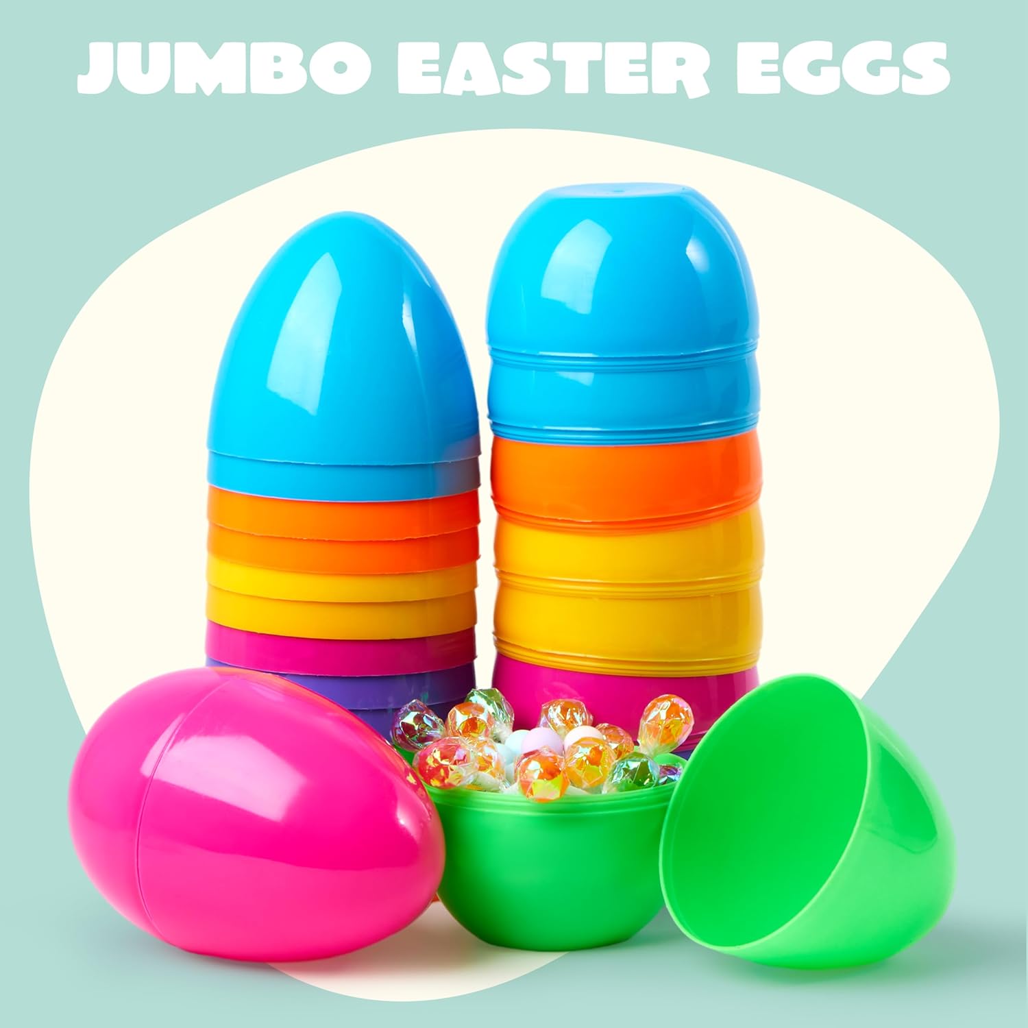 JOYIN 12 Pcs Large Plastic Easter Eggs, 6 Inches Colorful Jumbo Eggs Fillable for Easter Themed Hunt Basket Stuffers Fillers Filling Treats Party Favor Classroom Prize Supplies