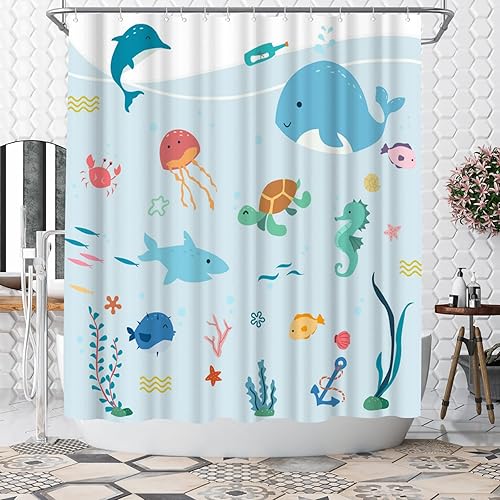 WELMECO Cortina de ducha con diseño de peces, cortina de ducha para niños, decoración de baño de 72 x 72 pulgadas, tela de poliéster (azul claro)