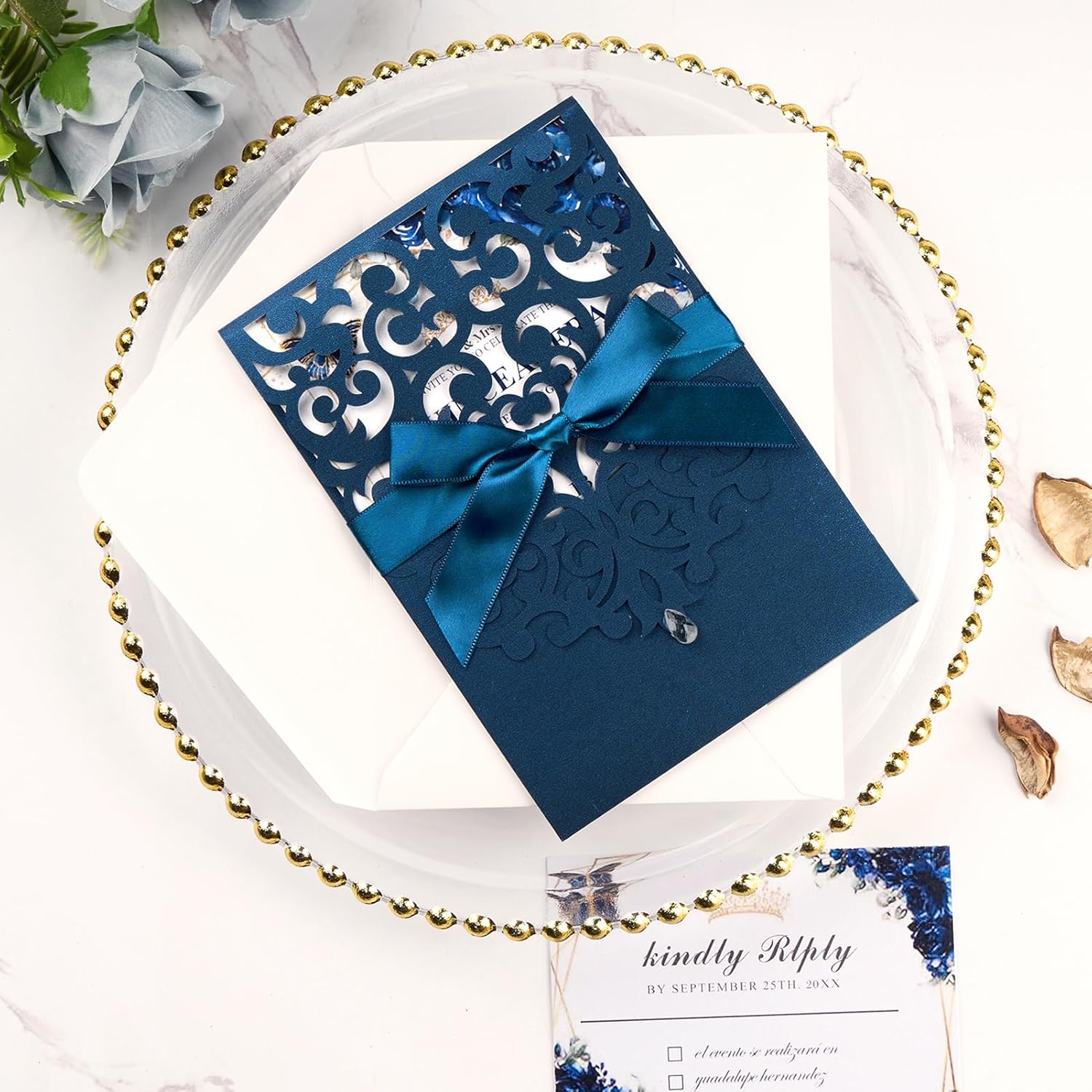 50pcs Wedding Invitation Kit, Navy Blue Laser Cut Invitations with Envelopes and Rsvp Cards Ribbons for Wedding Baby Bridal Shower Anniversary Birthday Invites