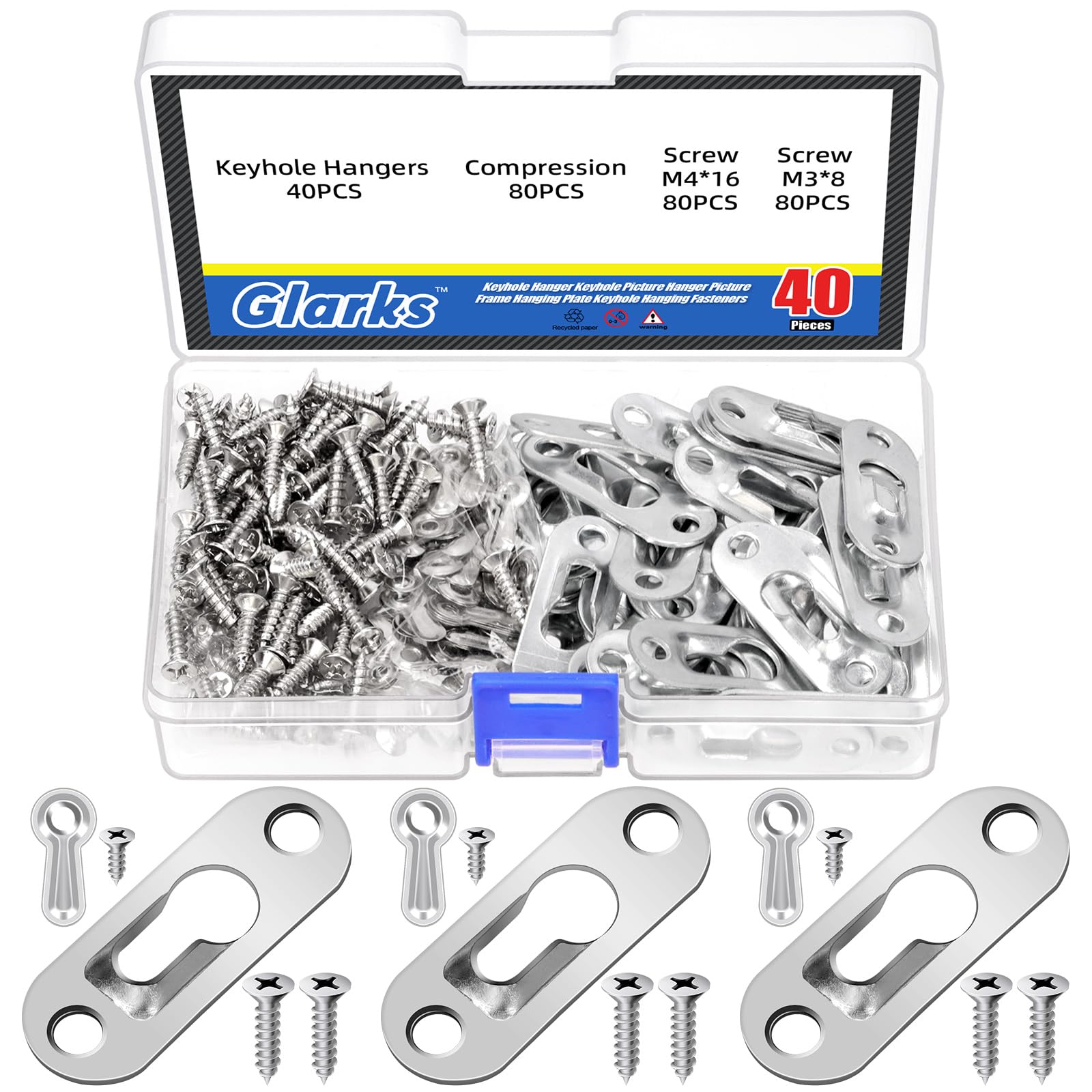 Glarks 280pcs 45 x 16mm Keyhole Hangers, Silver Keyhole Shelf Hanger with Screw, Keyhole Shelf Brackets Hangers, Single Keyhole Hanging Plate for Wall Mounting Coat Rack, Wooden Board, Mug — image 1