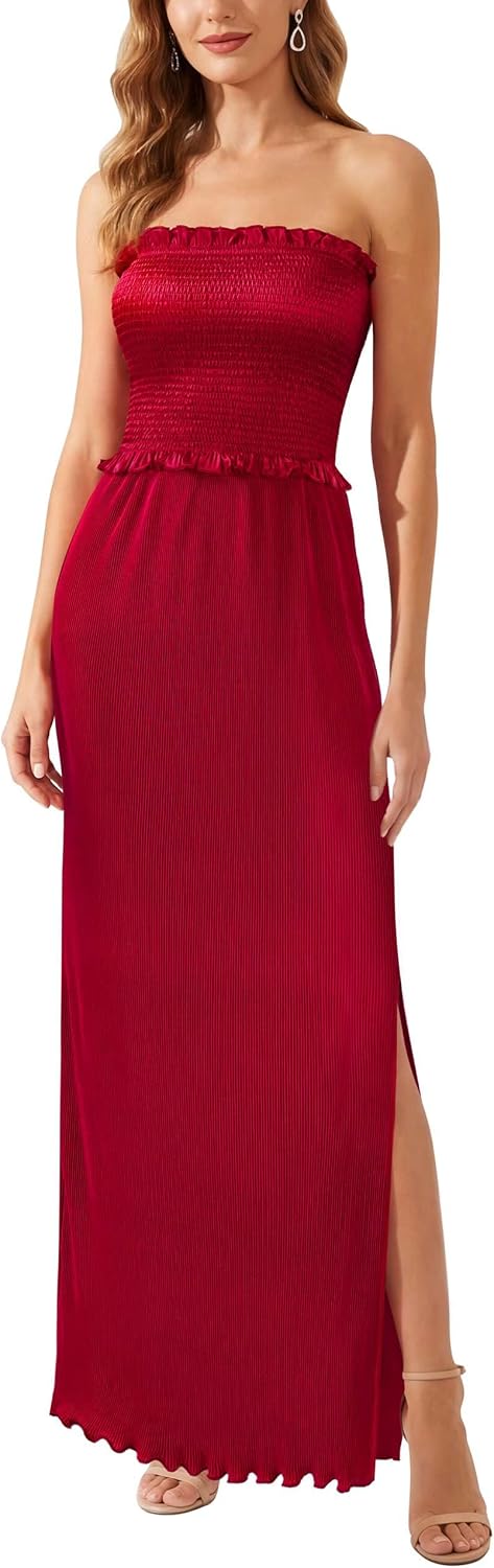 VFSHOW Womens Strapless Formal Prom Maxi Dress 2026 Pleated Smocked Ruffle Tube Wedding Guest Dresses Side Slit Evening Gown