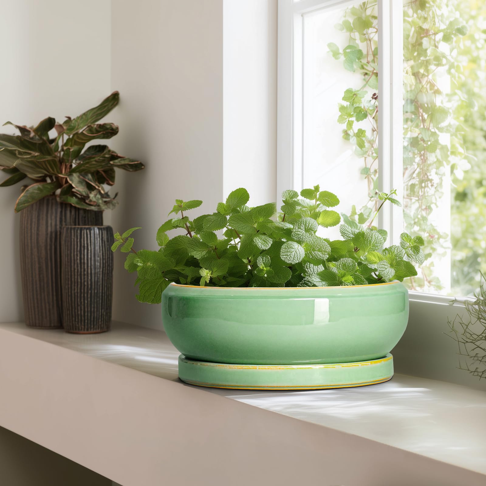 Große Bonsai-Töpfe - 13 Zoll Keramik-Sukkulenten-Töpfe für Innen Außen, Keramik-Pflanzgefäß mit Ablaufloch und Untersetzer, flacher runder Pflanztopf, Gartendekor, Geschenke für Frauen Männer