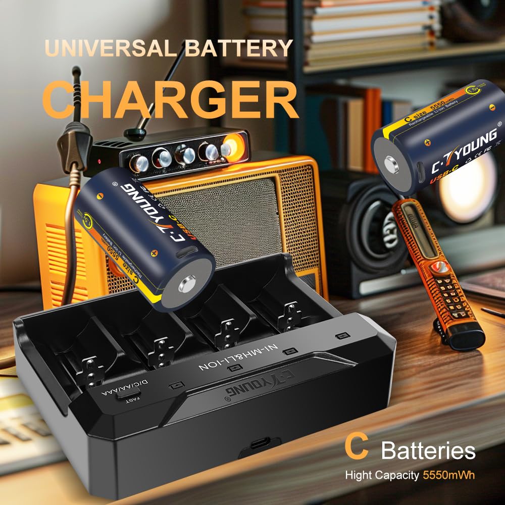 Lot de 4 piles C rechargeables au lithium 1,5 V USB 5500 mWh
