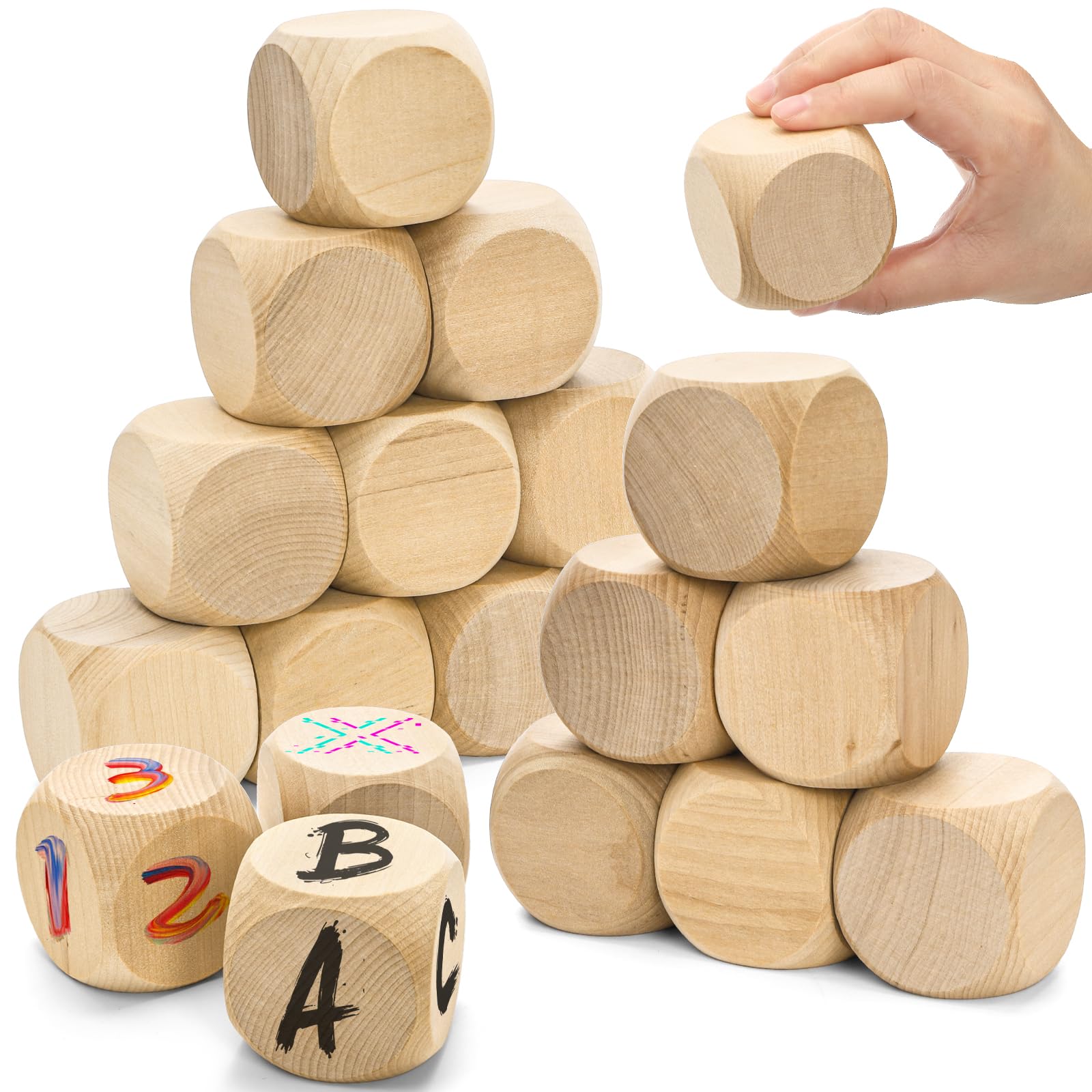 ZEAYEA 20 Pcs Blank Wooden Dice, 2 inch Unfinished Square Blocks, Blank 6 Sided Wood Cubes with Rounded Corners for Building Blocks, DIY Craft
