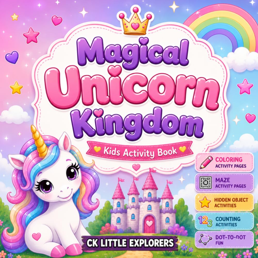 Magical Unicorn Kingdom Activity Book for Kids Ages 3–8: Fun Coloring Pages, Mazes, Hidden Objects, Counting Activities & Dot-to-Dot Adventures