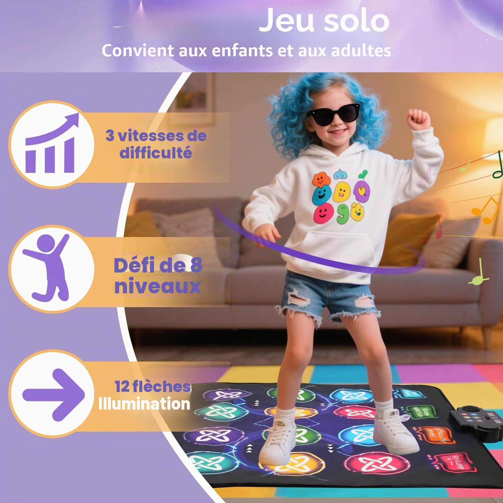 Tapis de Danse Double Enfants pour Filles Garçons 3-12 Ans avec 3 Modes de Difficulté, Tapis de Jeu de Danse Antidérapant pour 2 Joueurs, Tapis Musical en PVC Sécurisé pour Intérieur/Extérieu