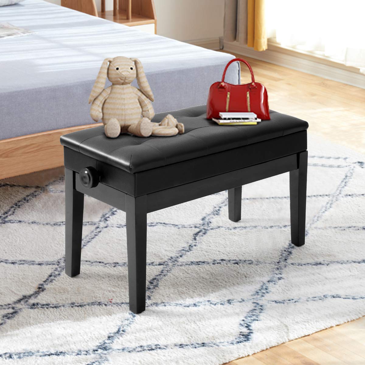 DREAMADE Klavierhocker Höhenverstellbar, Piano Hocker Keyboardbank Klavierstuhl mit Stauraum, Schminkhocker Klaviersitz aus Stahl, Sitzhocker Sitzbank Pianobank für 2 Personen, Schwarz