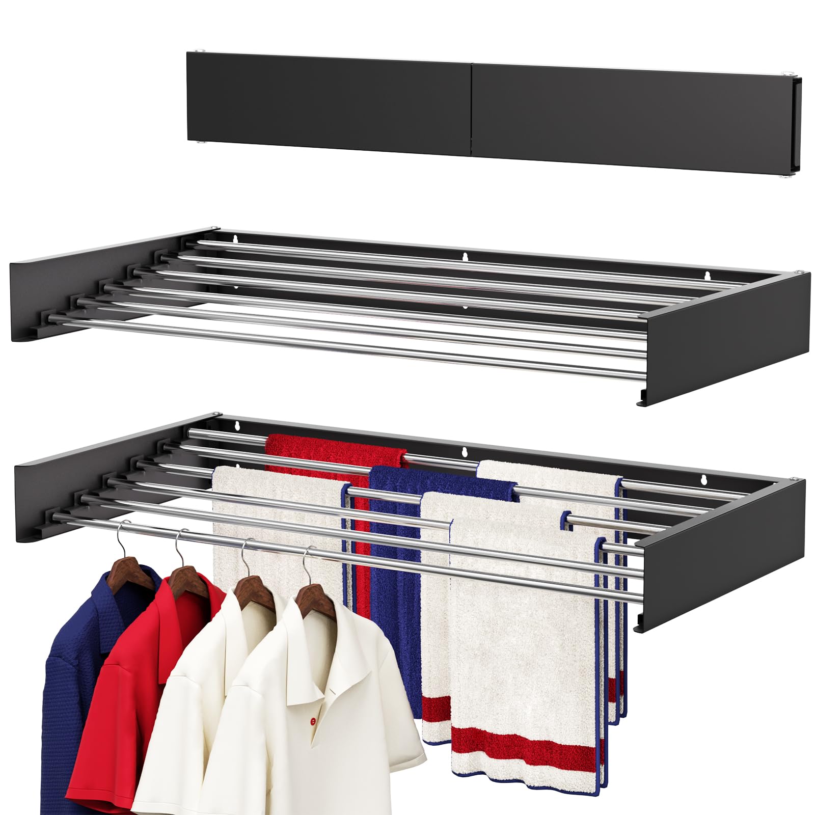 Wall Mounted Drying Rack 40", Foldable Laundry Drying Rack with Stainless Steel Rods, Retractable Laundry Space Saver for Indoor &amp; Outdoor Use, Include Wall Template