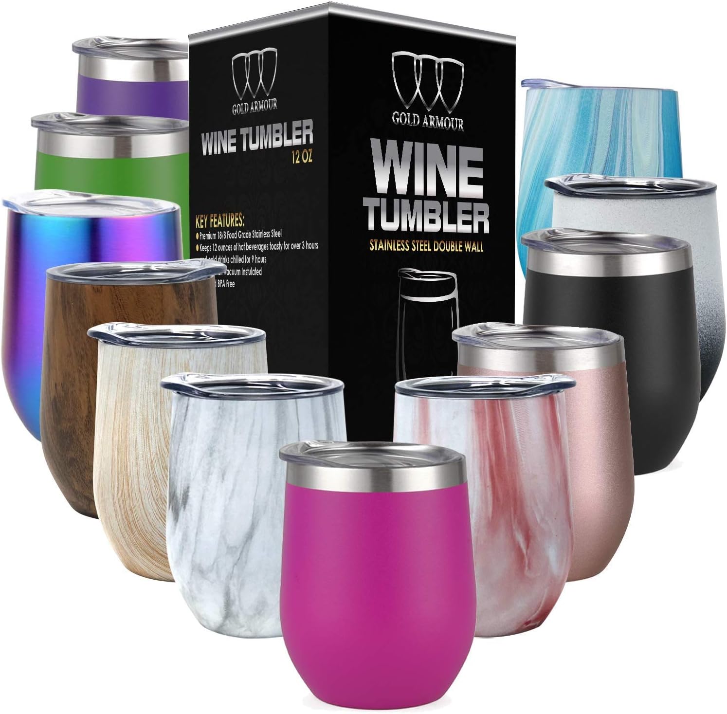 Gold Armour Stainless Steel Wine Glass Tumbler with Lid, 12 oz Double Wall Vacuum Insulated Travel Tumbler Cup, Coffee Water Bottle Cup (Fuchsia)