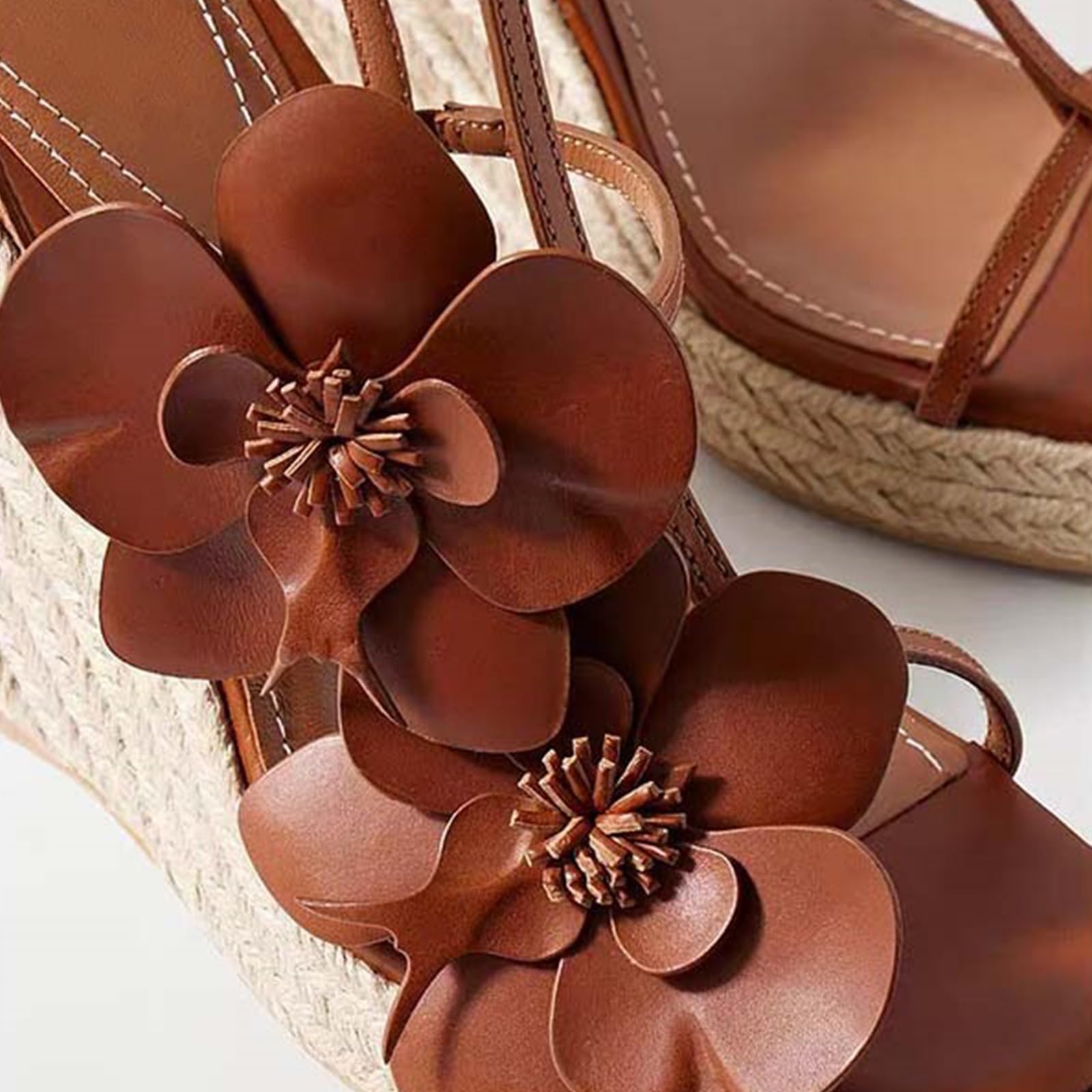 Sandalias de esparto con cuña mujer decoración floral tirante en T hebilla tobillo ajustable plataforma suela gruesa estilo boho playa vacaciones fiesta