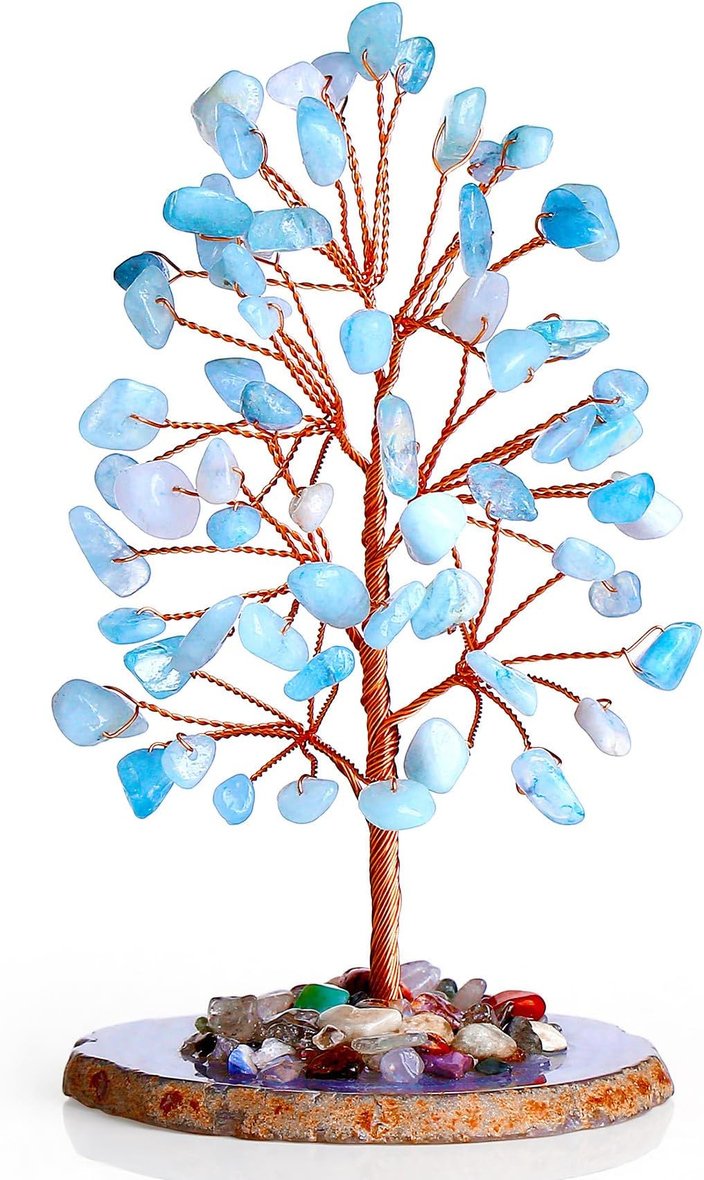 Aquamarine Healing Crystals Natural Stone Gemstone Reiki Agate Slice Base Copper Wire Money Tree of Life Home Office Decor Spiritual Energy Luck Feng Shui Gift for Women