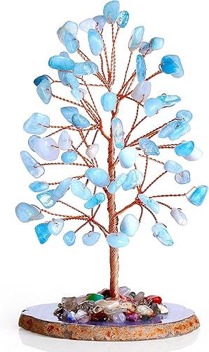 QINJIEJIE Aguamarina cristales curativos para decoración de árbol de piedra natural, piedra preciosa de árbol de ágata Reiki, base de rodajas de