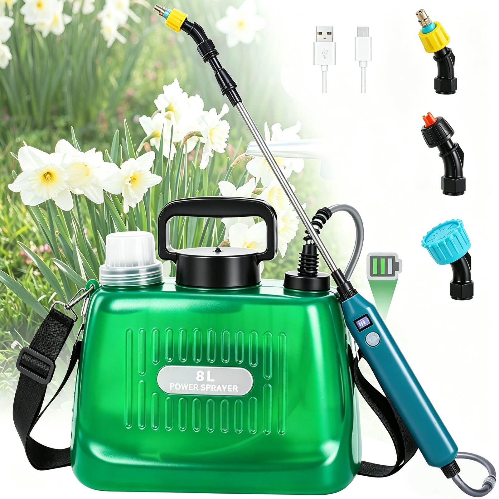 Drucksprüher AutoPump, Gartenspritze Sprühgerät mit Batterie, Elektrischer Pflanzensprüher mit 3 Düsen, Teleskopierbare Lanze mit Sichtbarer Batteriestand, Transparenter Tank (Grün 8L)