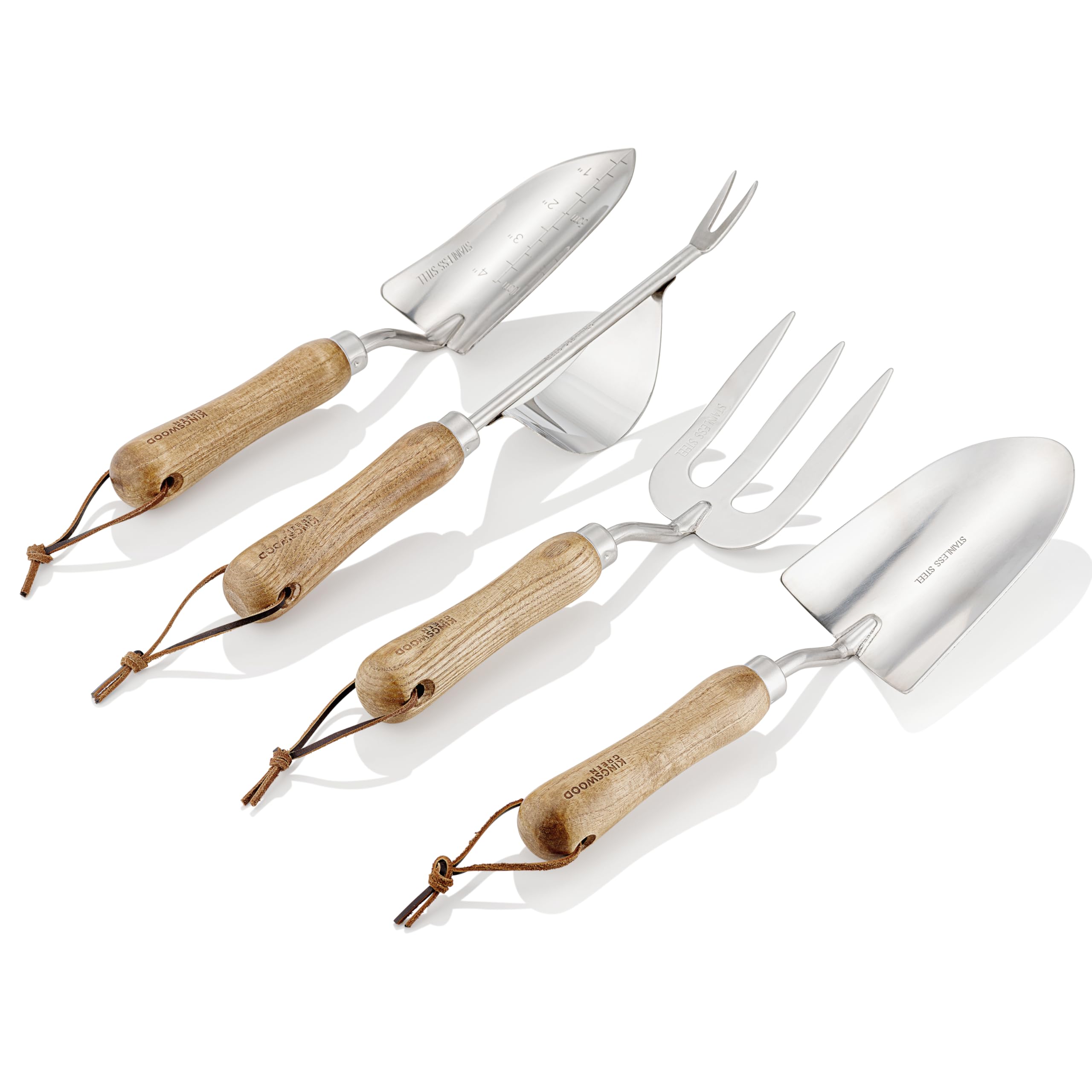 Kingswood Green® 4-Piece Garden Tool Gift Set | Ash Wooden Handles | Trowel, Hand Transplanter, Weeder & Fork | Made with Stainless Steel