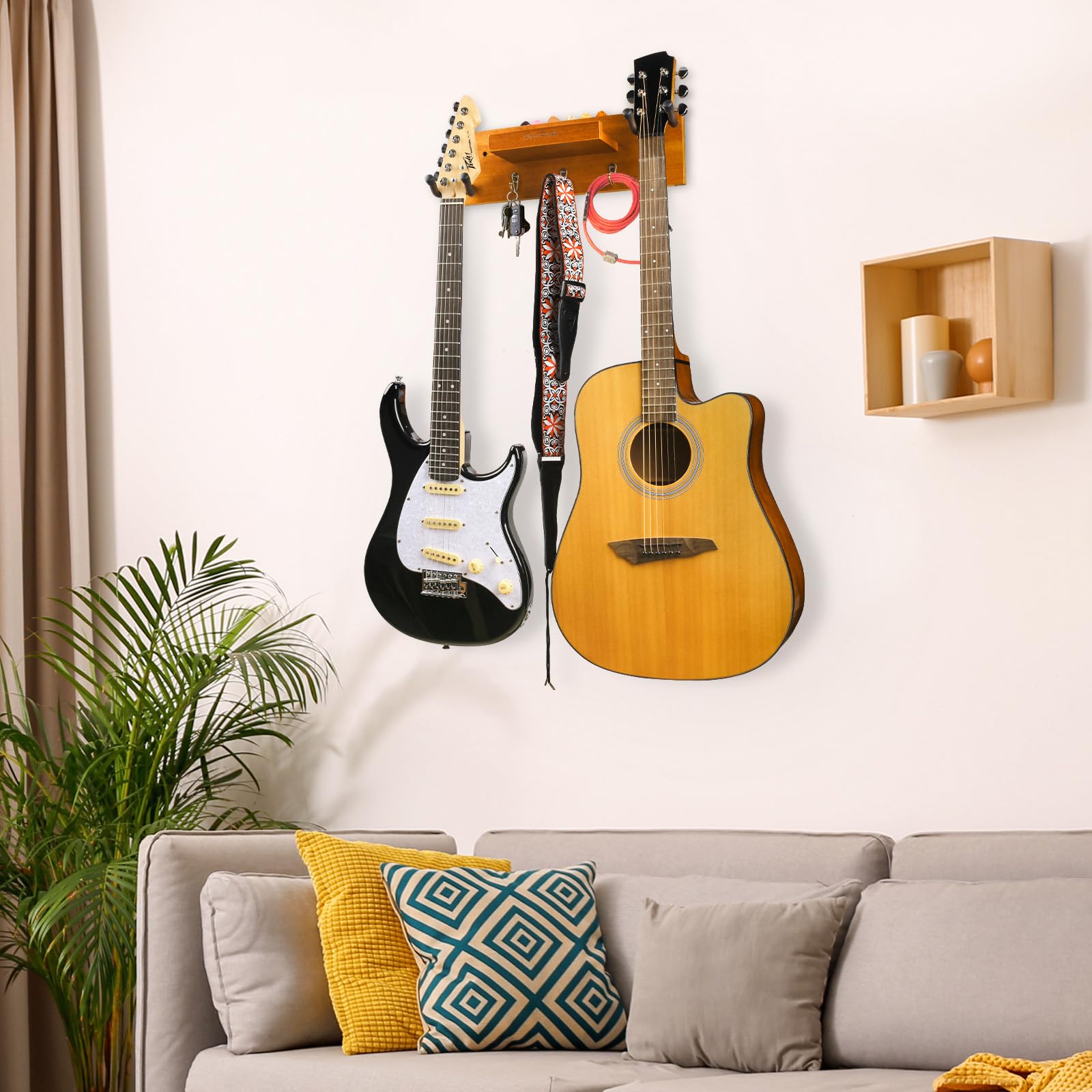 Soporte de pared para guitarra de madera maciza, colgador de guitarra con 3 ganchos de almacenamiento y 2 colgadores de goma giratorios para guitarra, con estante y soporte para púas