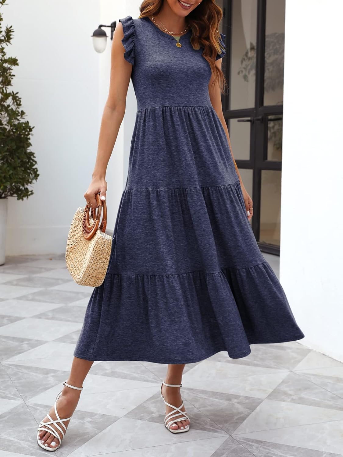 Women's Summer Sleeveless Maxi Dress Ruffle Sleeve Crewneck Tiered Flowy Pleated Casual A Line Sundress with Pockets - Image 2