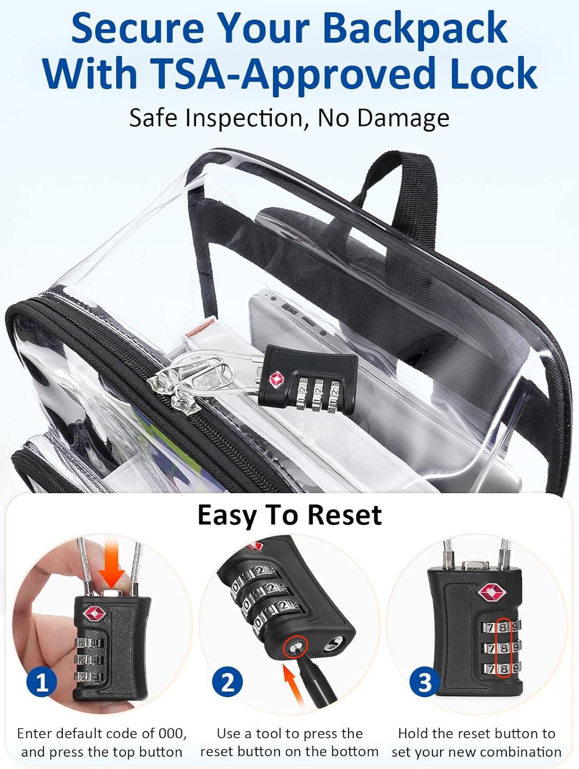 Extra Large Clear Backpack with TSA Lock, Heavy Duty Transparent See Through Clear Bookbag for College, Work, Travel, Casual Sport, Black