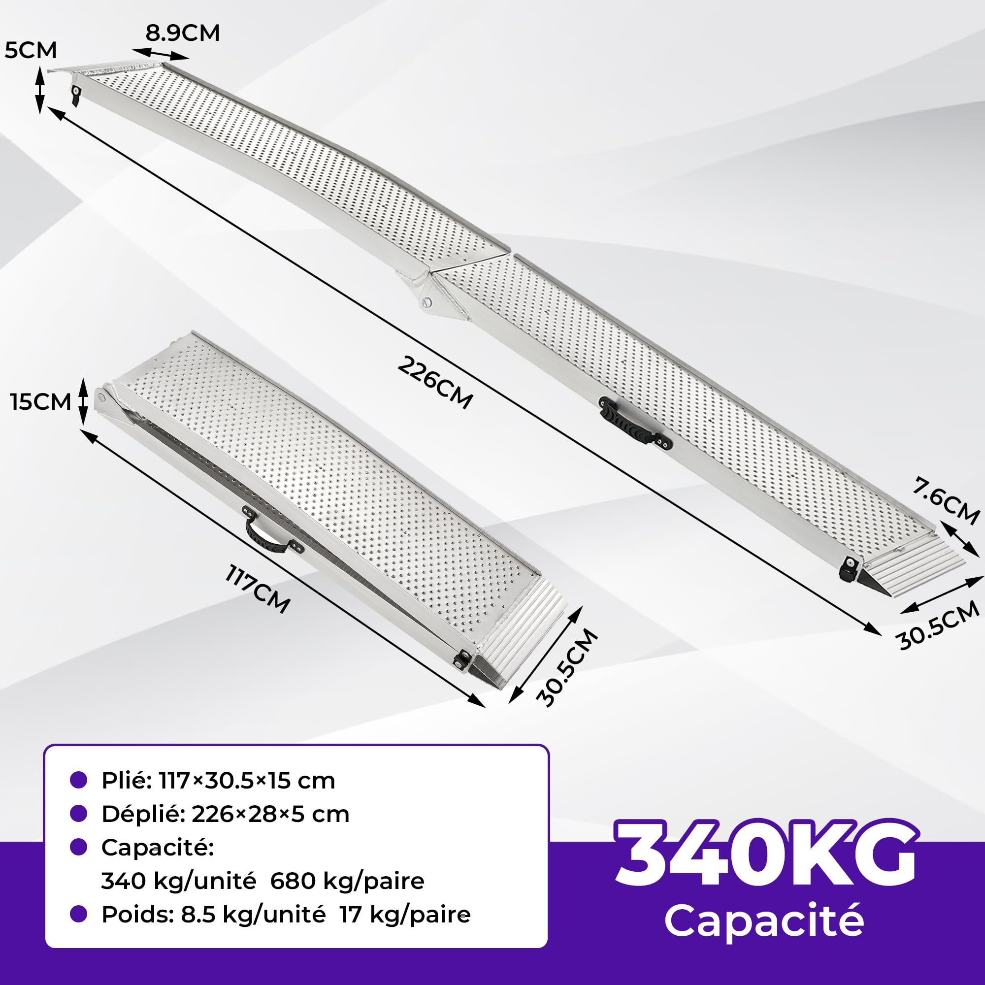 FACHNUO Rampe Pliable en Aluminium Renforcée 228x28cm, Capacité de Charge 680 kg pour Moto, Quad, Camion - Poignée Transportable, Surface Anti-Dérapante, Gain de Place (1 Paire, Argent)