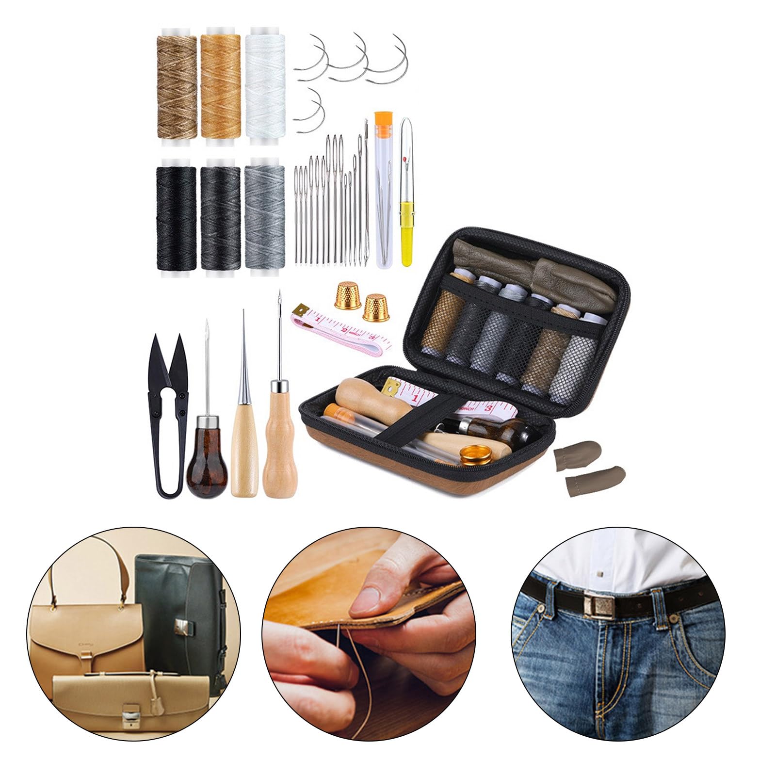 MRKU Herramientas para Trabajar el Cuero con Bolsa de Almacenamiento, Kit de Costura con Aguja Curva