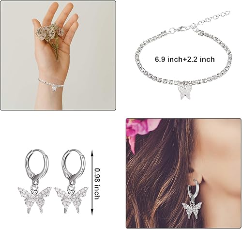 Miniatura 3 de Hicarer Collar con colgante de mariposa grande, cadena de diamantes de imitación, gargantilla de cristal brillante, collar y pulsera de mariposa