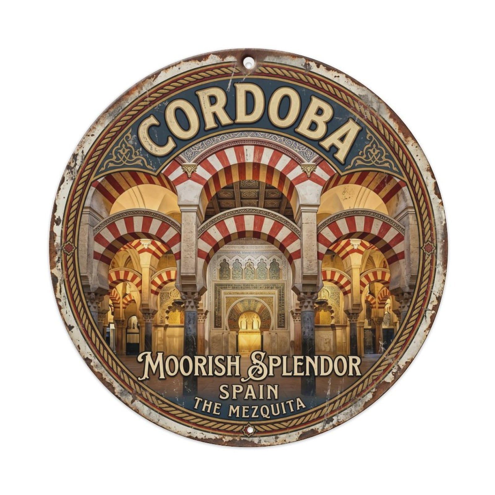Vintage Travel Cordoba Mezquita Mosque Metal Tin Sign Plaque Wall Decor for Cafe, Club Bar, Office, Home Garden Round Metal Poster 8x8Inch