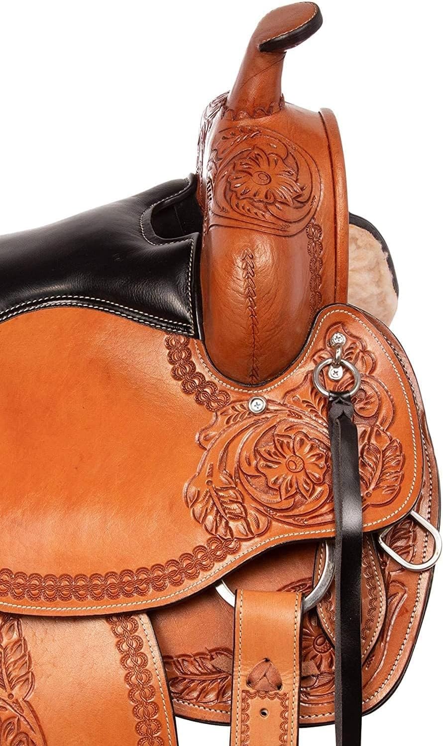 BNB International Leather Western Endurance Trail Horse Saddle Handmade Comfort with Horn Equestrian Horseback Riding Tack, Matching Headstall,Breast Collar,Reins Size:14"-18" inches Seat, M08