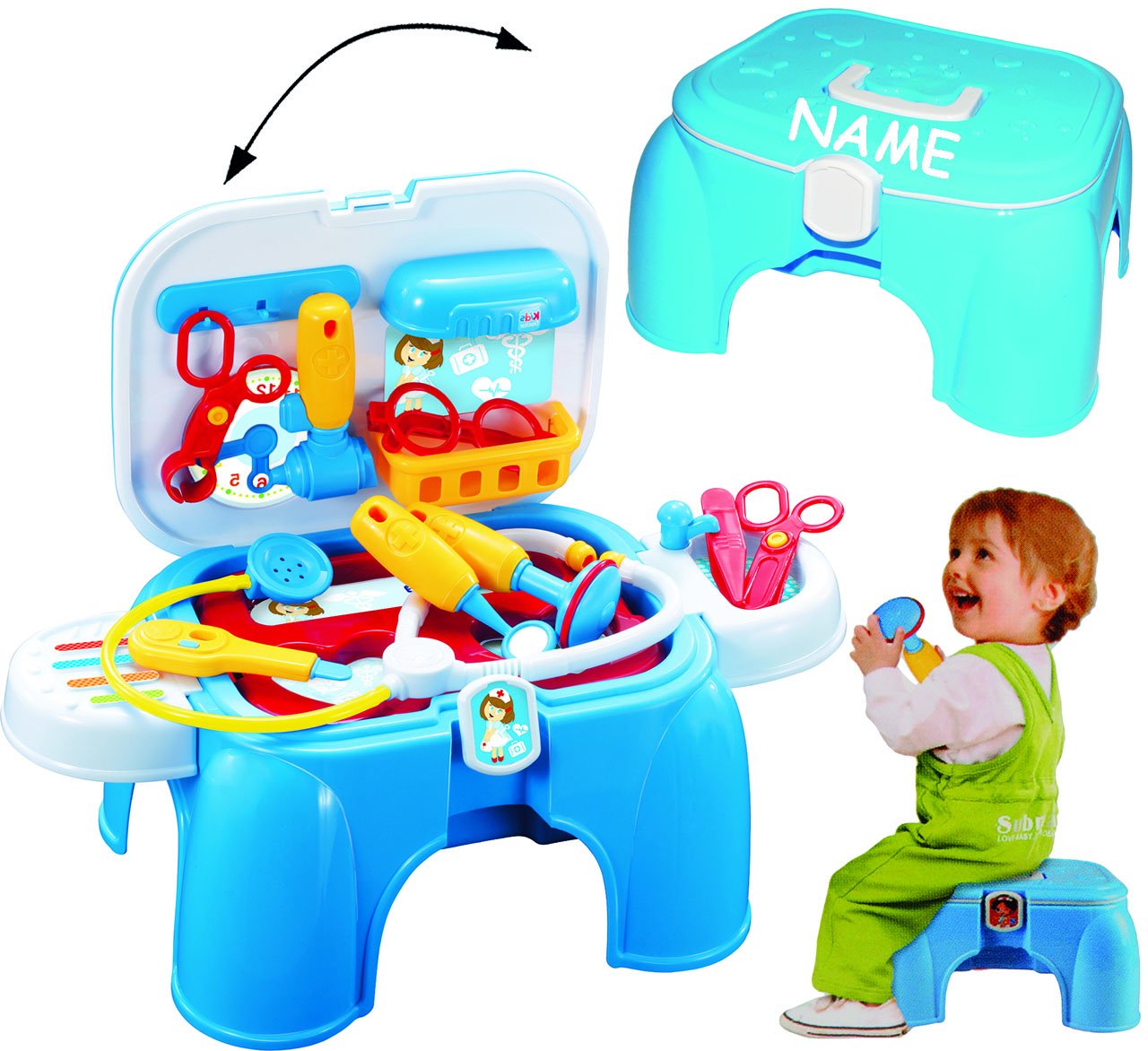 alles-meine.de GmbH 3 TLG. XXL Set Doktorkoffer/Werkzeugbank/Schminkkoffer - mit Zubehör - incl. Name - aufklappbarer Koffer/Trittschemel/Kindersitz - Doktorset - S..