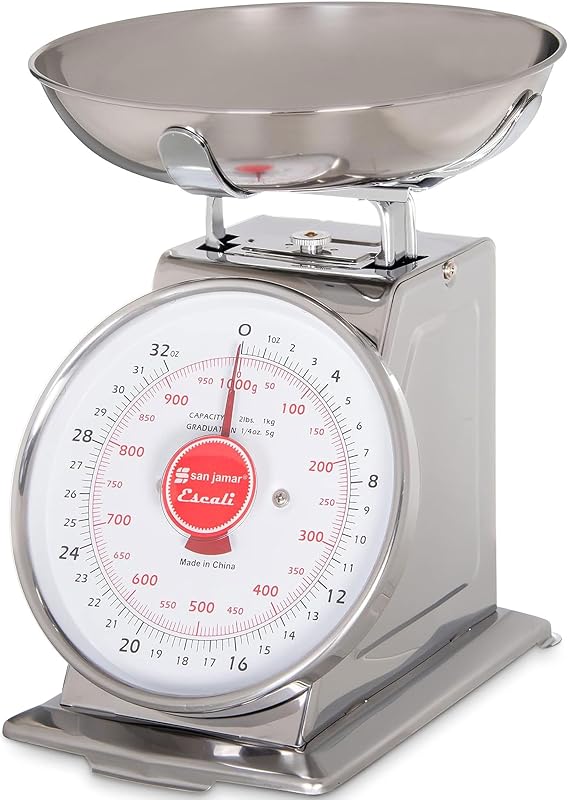 San Jamar Escali Promzr Mechanical Dial Scale with Bowl for Kitchens and Restaurants, Metal, 2 Pounds, Silver