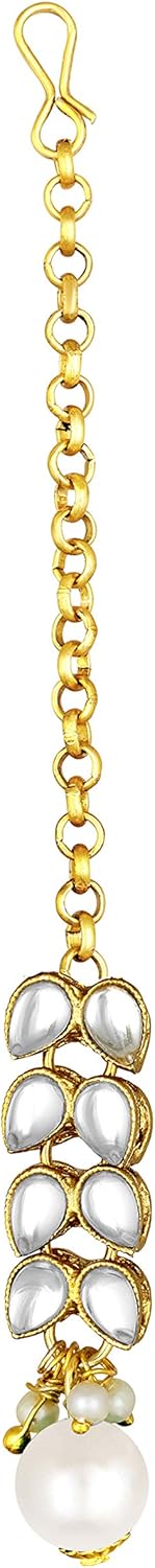 Aheli Elegant Indian Wedding Wear Faux Kundan Studded Choker Necklace with Maang Tikka Set Ethnic Fashion Jewelry Gift for Women Green Stone Kundan Leaf - Image 7