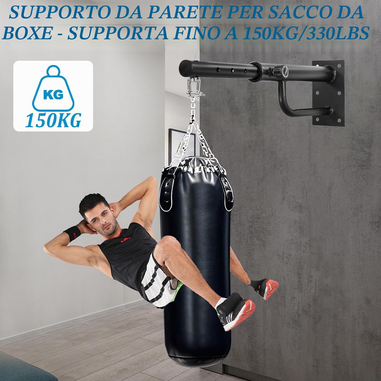 Supporto per Sacco da Boxe, Staffa per Sacco da Boxe da Muro, Regolabile e Girevole, Portata 150 kg, per Palestre Domestiche/Garage/Cantine