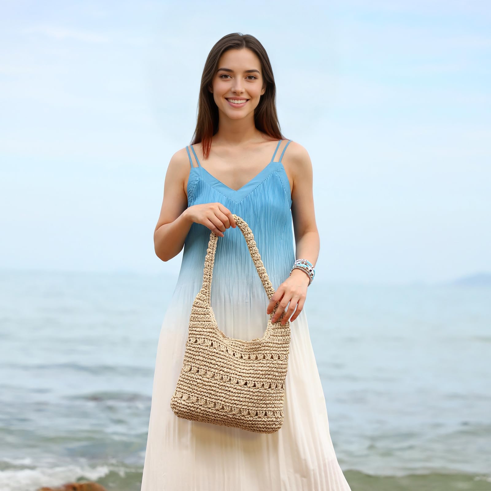 Mujeres verano paja bolsos tejidos playa viaje bolso de hombro vacaciones bolso de mano