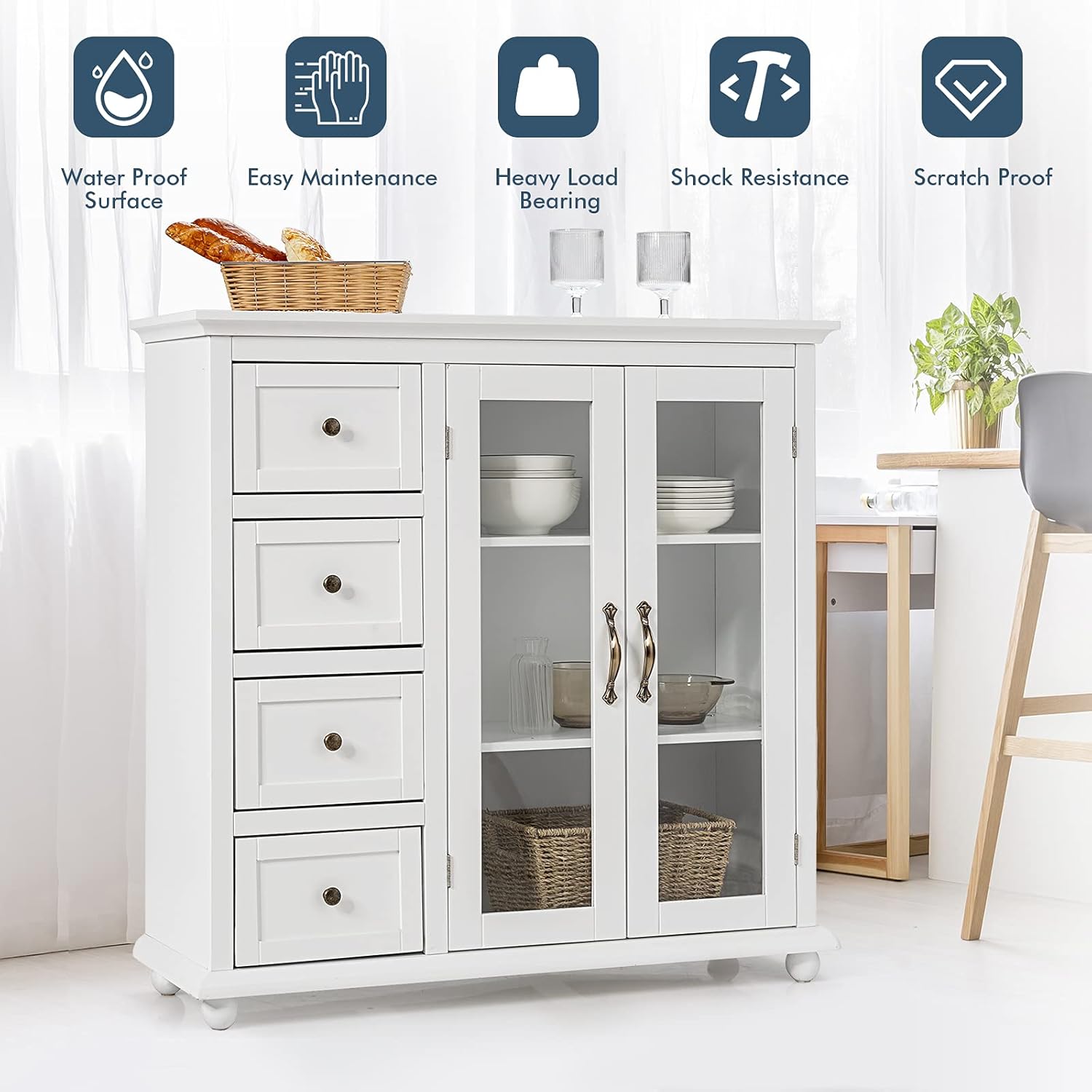 Rainfally Buffet Storage Cabinet, Sideboard Buffet Cabinet w/ 4 Drawers & Dual-Open Glass Doors, Kitchen Console Table, Dining Room Cupboard, Accent Buffet Glass Cabinet, 36L x 12W x 36.5H (White)
