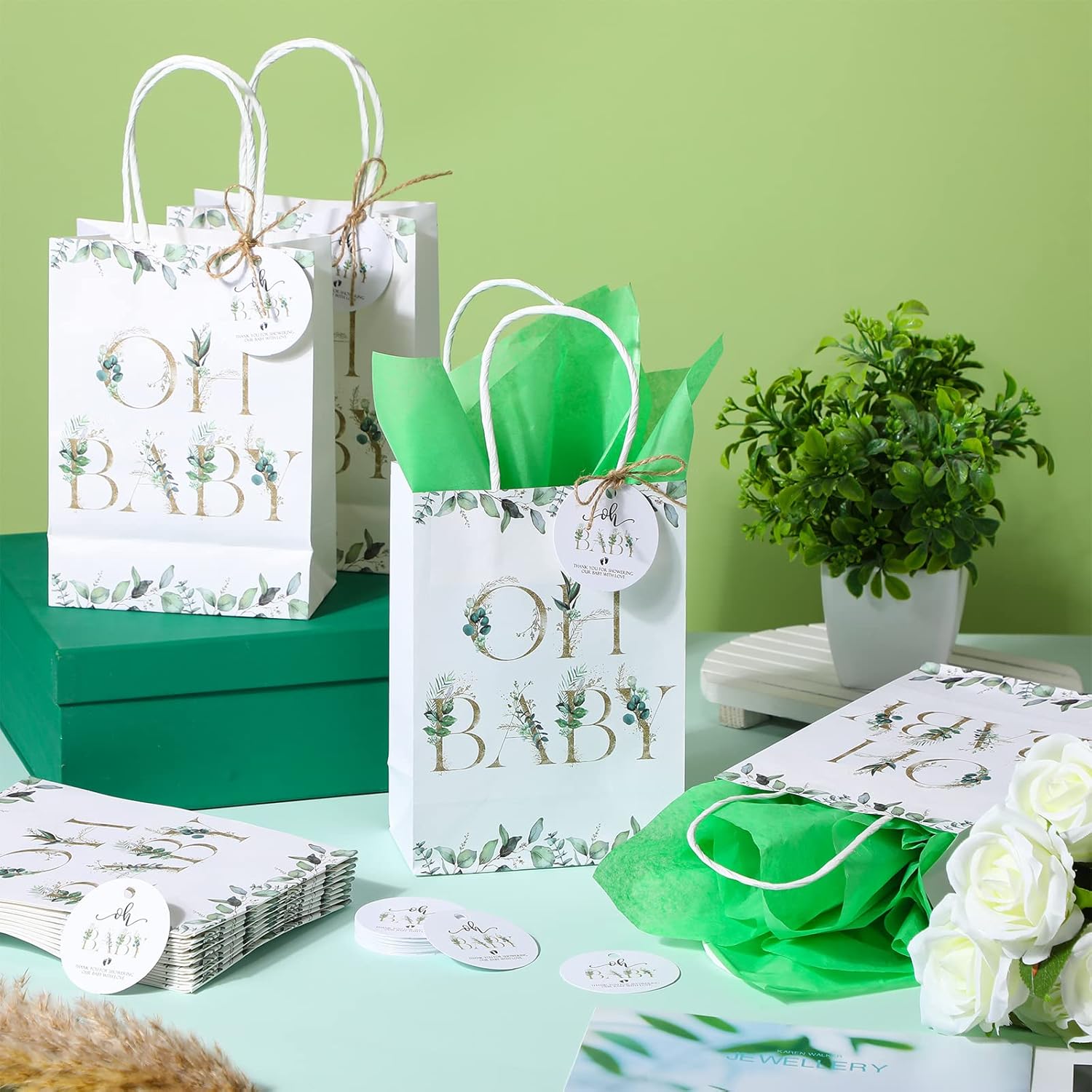 PerKoop 50 Sets Greenery Baby Shower Favor Bags Bundle with 50 Green Tissue Paper 50 Tags 1 Rope Baby Shower Thank You Gift Bags with Handles for Guests Gender Reveal Treat Goodies Party Favor