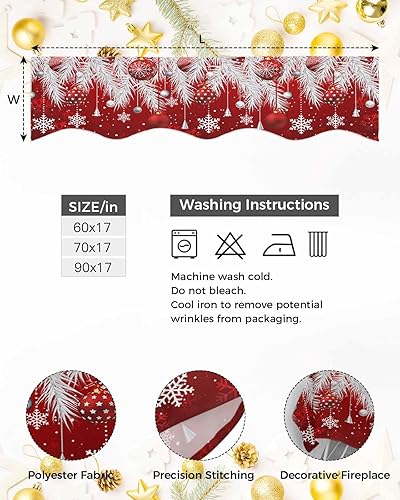 Miniatura 6 de Bufanda roja de Navidad, decoración de chimenea, bolas de Navidad, copos de nieve, agujas de pino plateado, mantel de chimenea, camino para