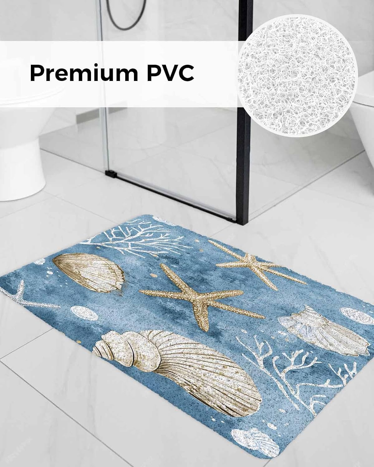 Summer Nautical Non-Slip Bathtub Mat, Conch Shell Starfish Ocean PVC Bath Mat for Tub Quick Drying Shower Mats for Inside Shower, Foot Scrubber Loofah Bathroom Mats 32x24 Inches