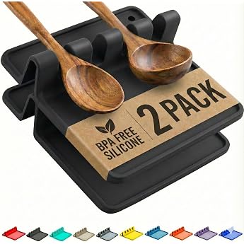 Cooler Kitchen 2 Pack Silicone Cooking Spoon Rest - BPA Free Heat Resistant Utensil & Cutlery Holder for Spoon Kitchen Utensil Tray Black