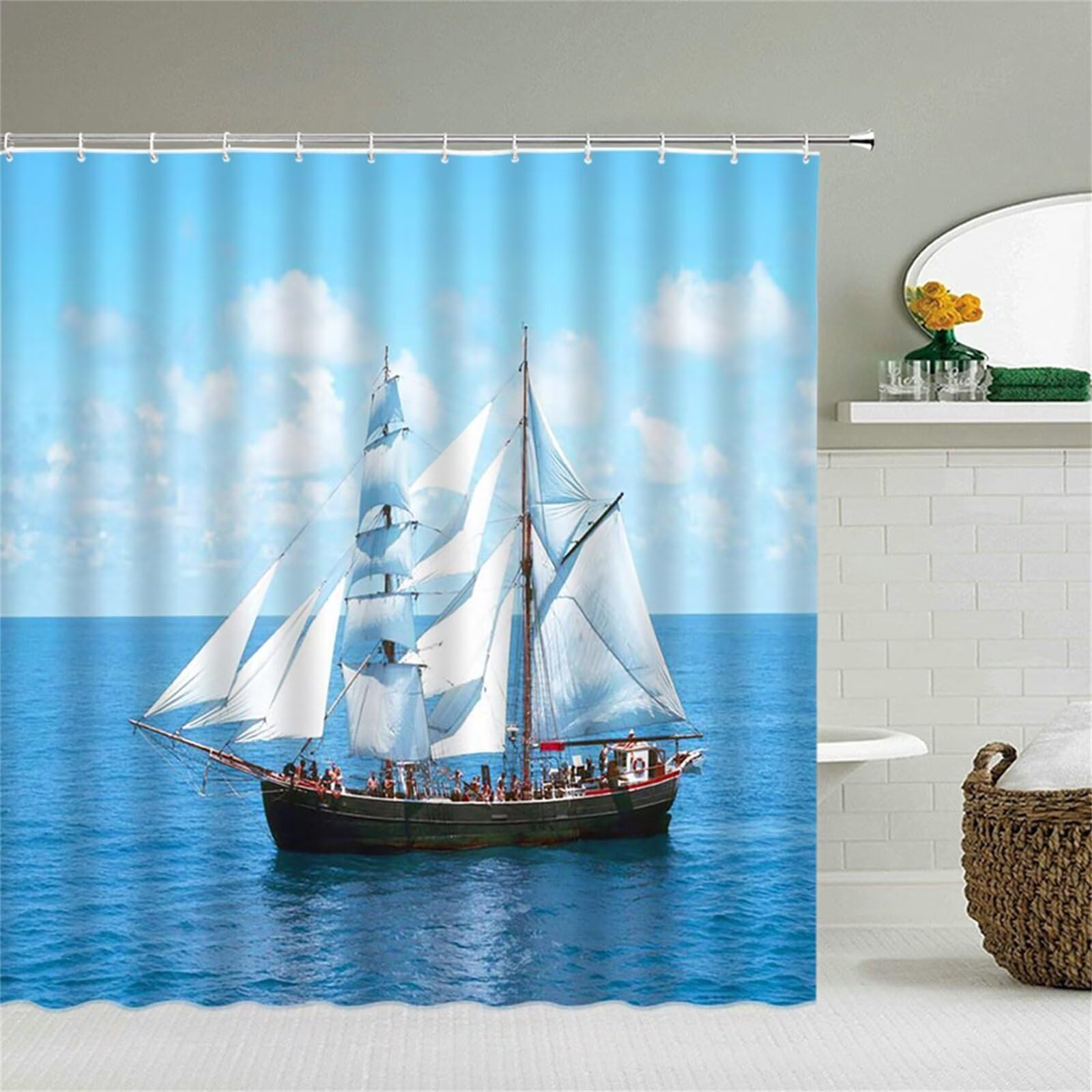 Duschvorhang Weißes Segelboot 250x170cm Duschvorhäng Anti Schimmel,Wasserabweisend Stoff Duschrollo Waschbar,3D Draussen Bad Vorhang Schnell Trocknend,Badewanne Badezimmer Decor Vorhänge