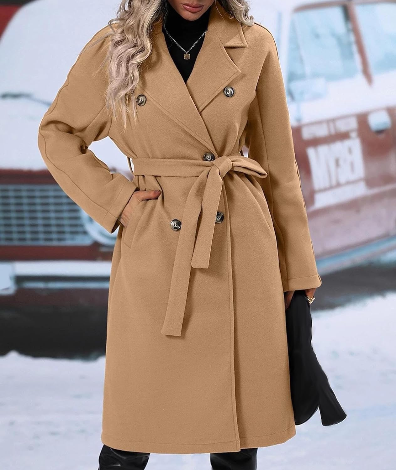 Sexyshine Women's Winter Double Breasted Trench Coat Notch Lapel Long Wool Pea Coat A Line Warm Overcoat with Belt - Image 2
