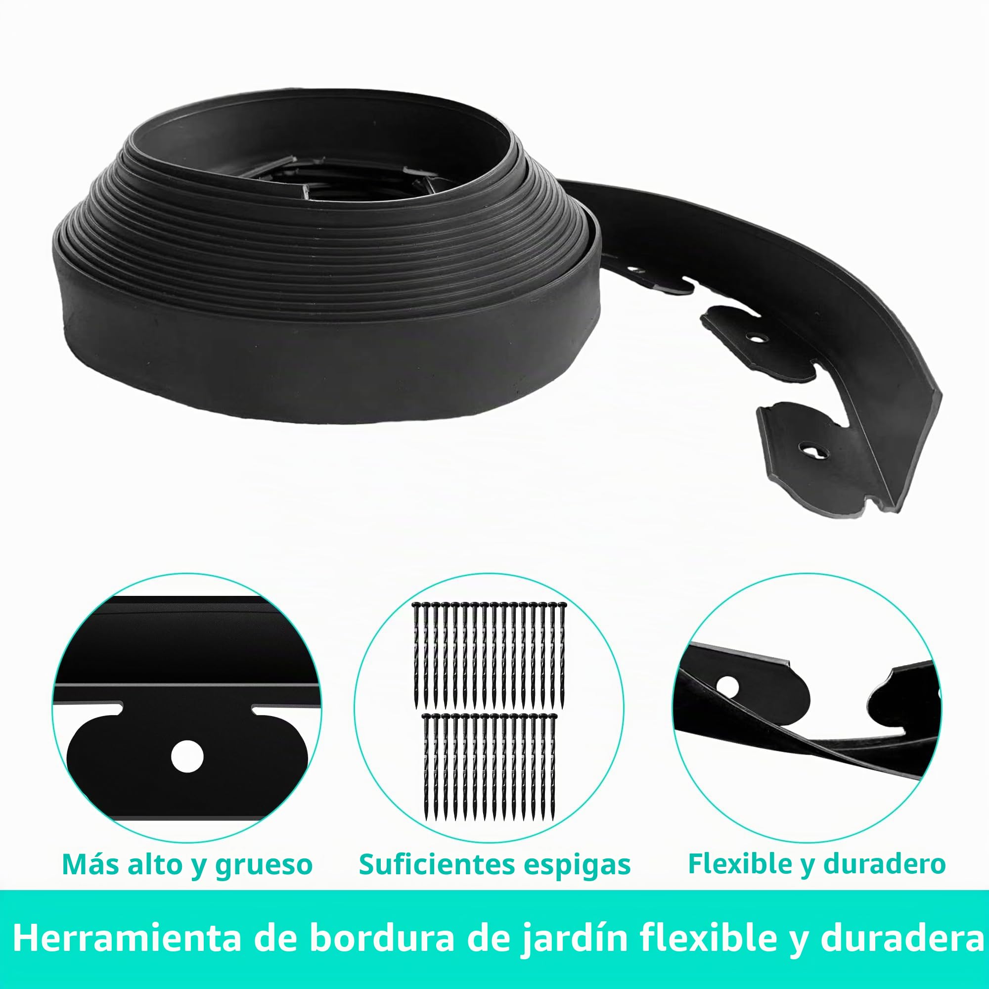 Borde Jardín, Borde de Césped de plástico Flexible 20m con 60 Clavijas, Altura 5 cm, Cenefa Parterres Bordura Exterior, Cenefa de Césped para Césped Cenefa de Jardín Cenefa para Arriate