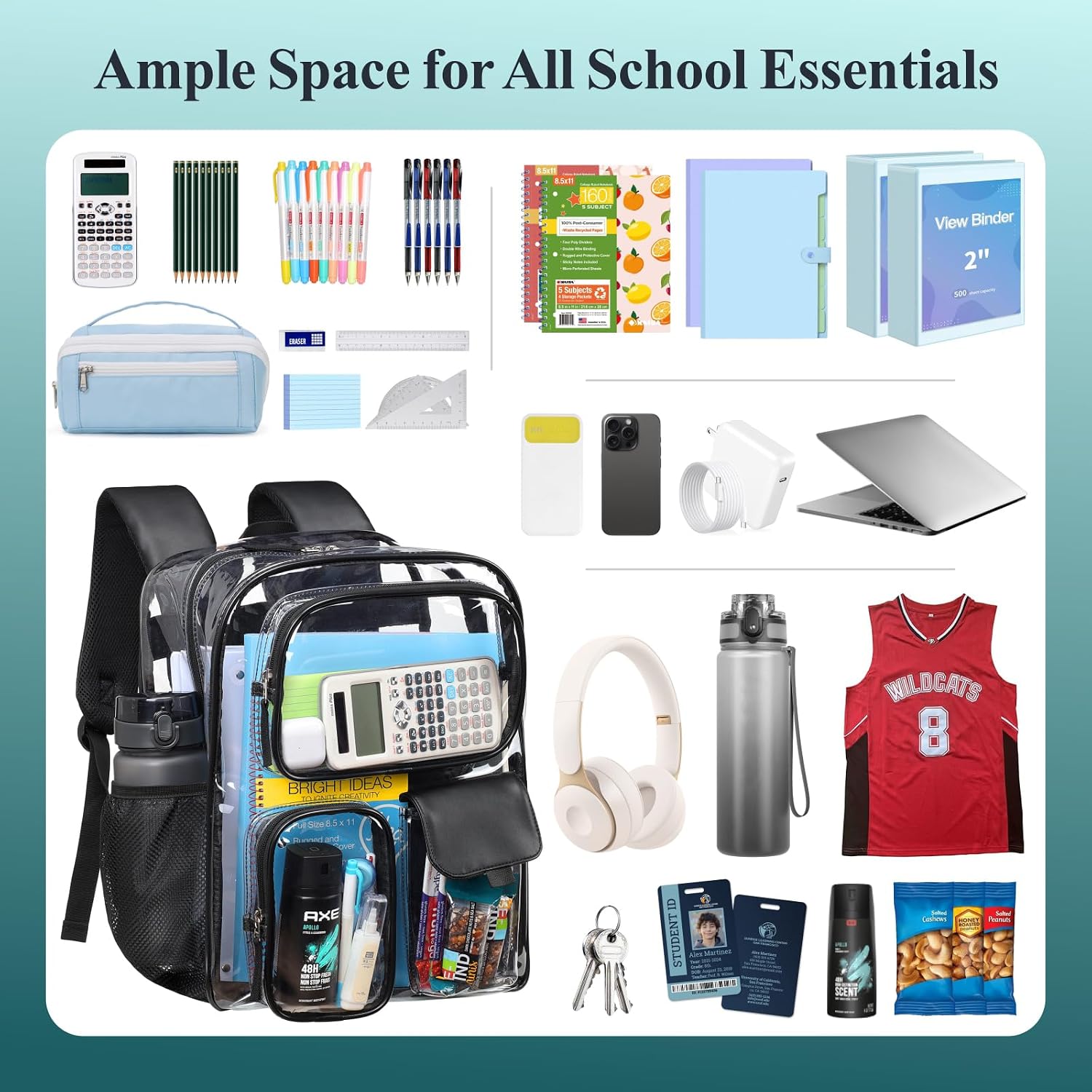 Clear Backpack for School - 17 inch Heavy Duty Clear Bookbag | 2 Front Pockets, Reinforced 900D Oxford Base, Padded Straps, 0.5mm Thick PVC, Fit 16"Laptop, Load 22 lbs. Age 12+ Students thumbnail