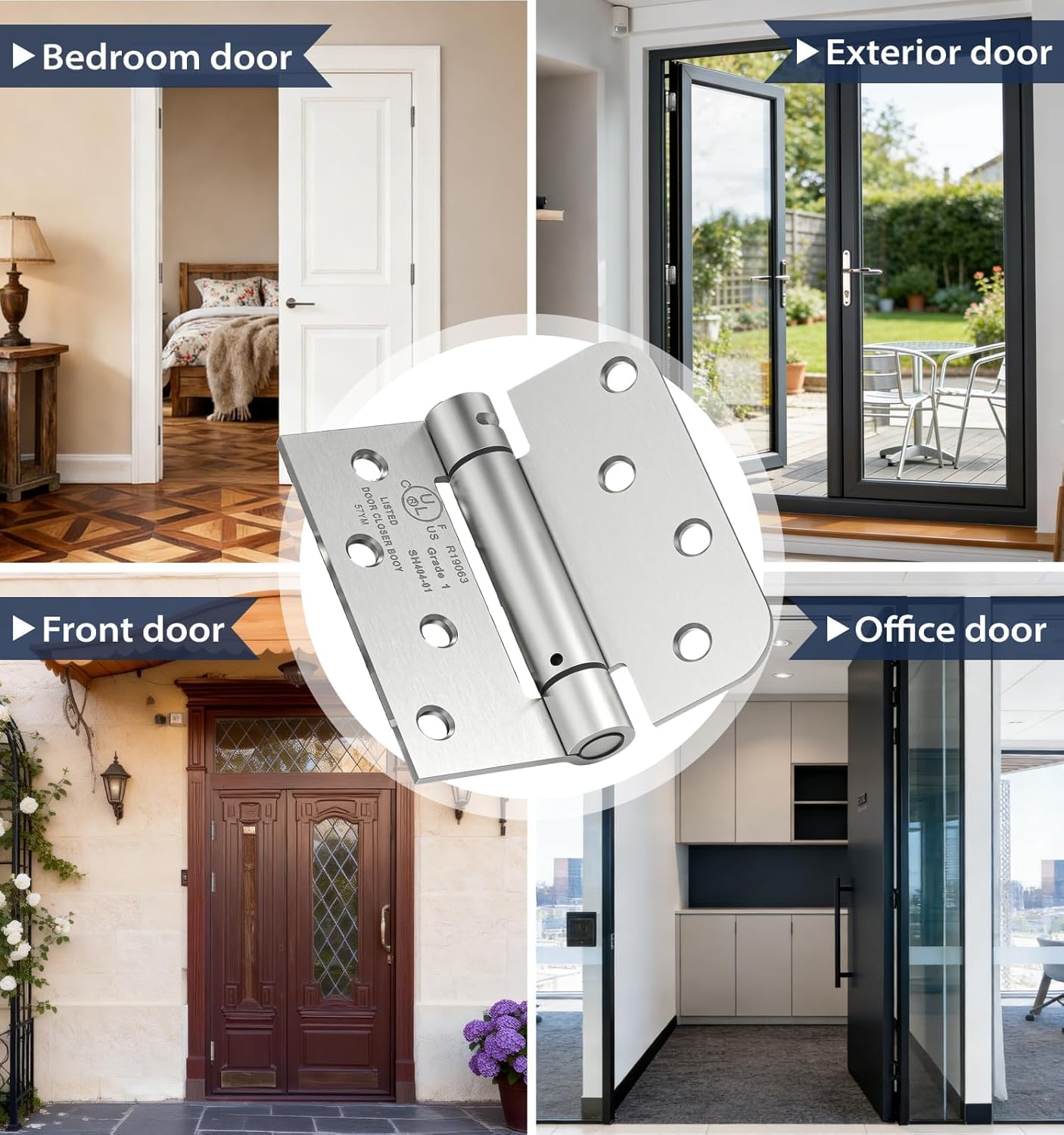 3-Pack Self Closing Door Hinges, 4 Inch Spring Loaded Hinges with Square & 5/8'' Radius Corners, Adjustable Tension for Garage, Front Back Door,Left Right Hand Door,UL Listed,Brushed Nickel
